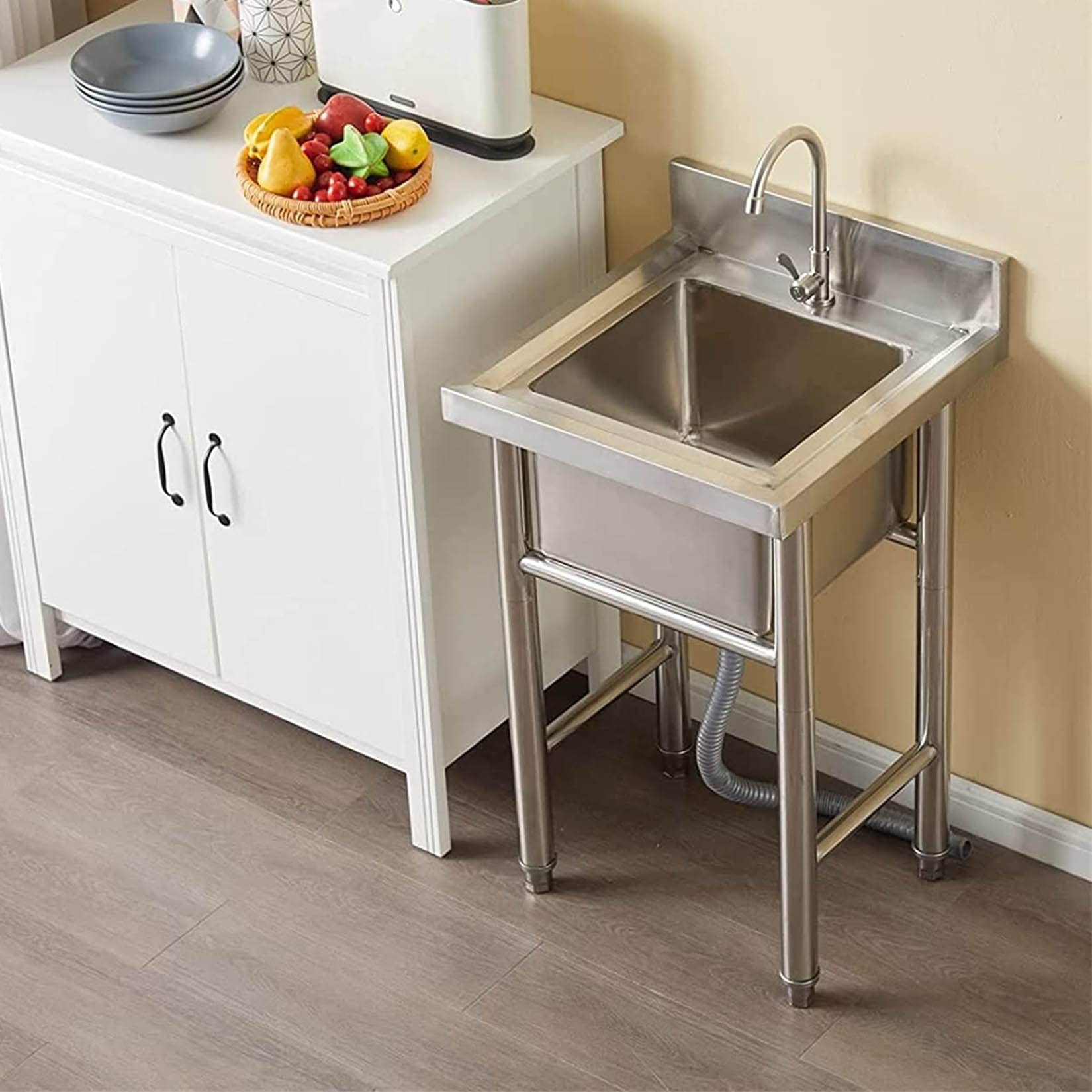 Lavandino multiuso, autoportante in acciaio inox con supporto e rubinetto, perfetto per cucina, ristorante, lavanderia, garage, cortile