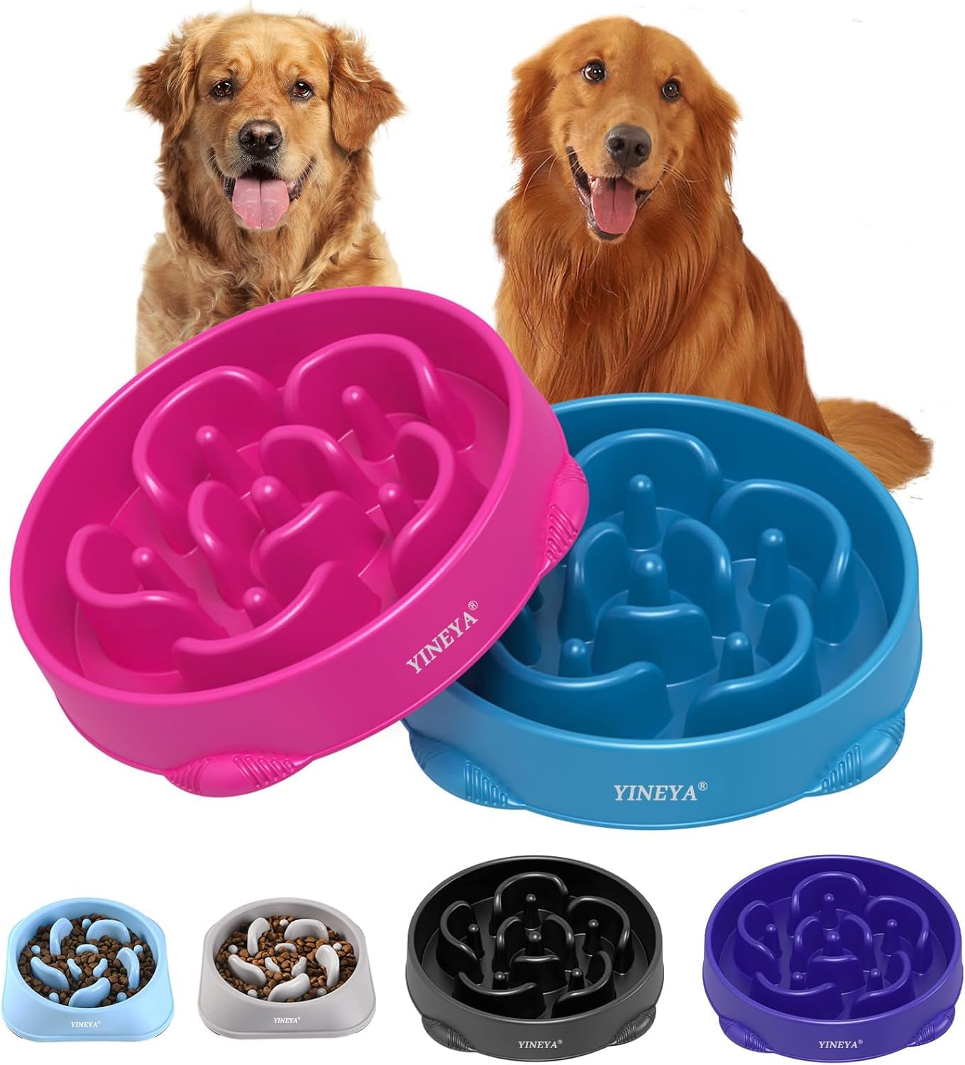 YINEYASlow Feeder Dog Bowl Interactive Bloat Stop Fun Alternative Non Slip Dog Slow Food Feeding Pet Bowl Slow Eating（Rose Red, Dark Blue