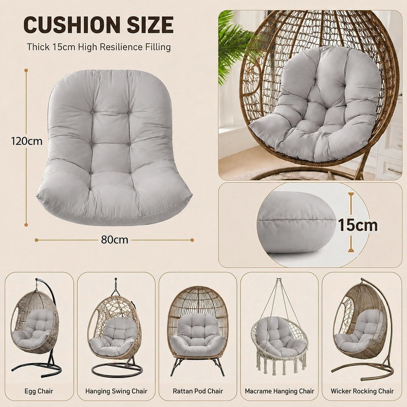 Coussin pour Fauteuil Suspendu 80x120 cm, Coussin Oeuf Suspendu, Gris Clair
