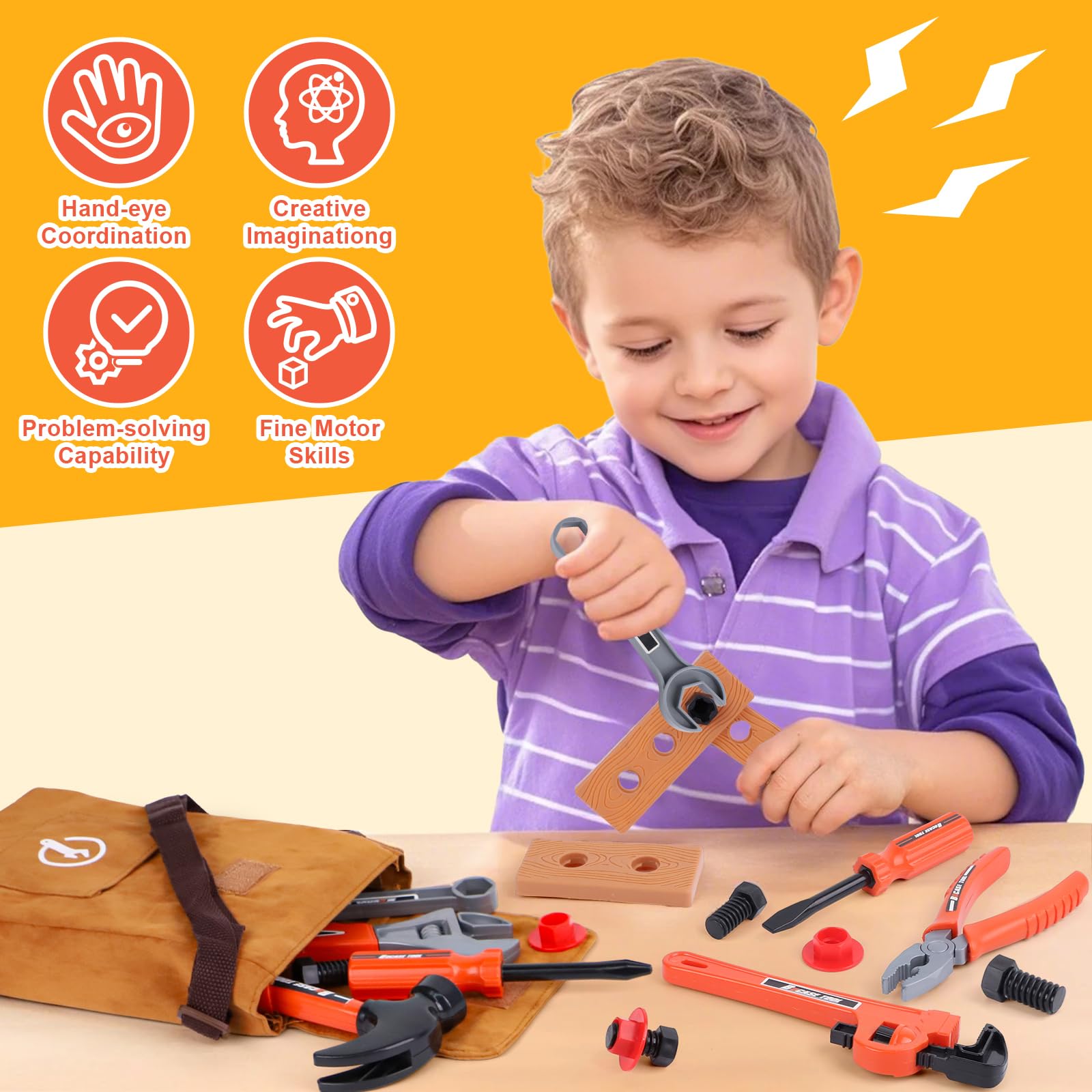 Juego de 26 herramientas para niños pequeños con bolsa de herramientas, kits de construcción de juego de simulación para niños de 3 a 6 años 5