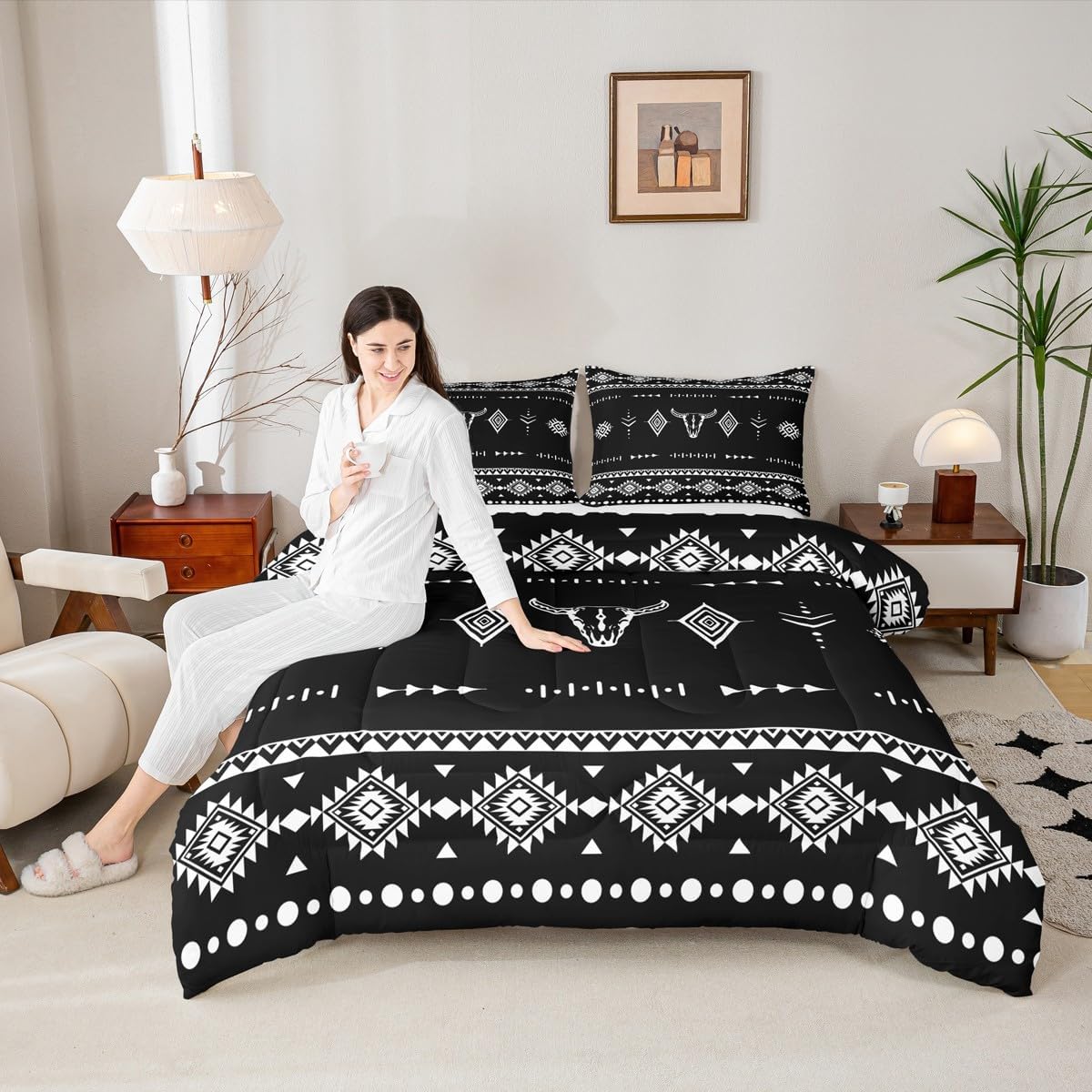 Erosebridal King Size Western Cowboy Bedding Set, Bull Skull Comforter Set for Boys Girls Men Women Room Decor, Boho Aztec Ethnic Horns Quilt, Southwestern Native Duvet Insert, Black