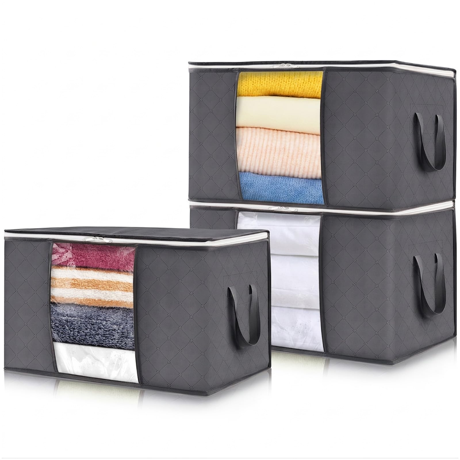 Lifewit 120L Clothes Storage Bags Large Storage Box With Lid Packing Boxes for Moving House With Reinforced Handle Thick Fabric Clear Window for Clothes Duvet Blankets Bedding, 3 Pack, Grey