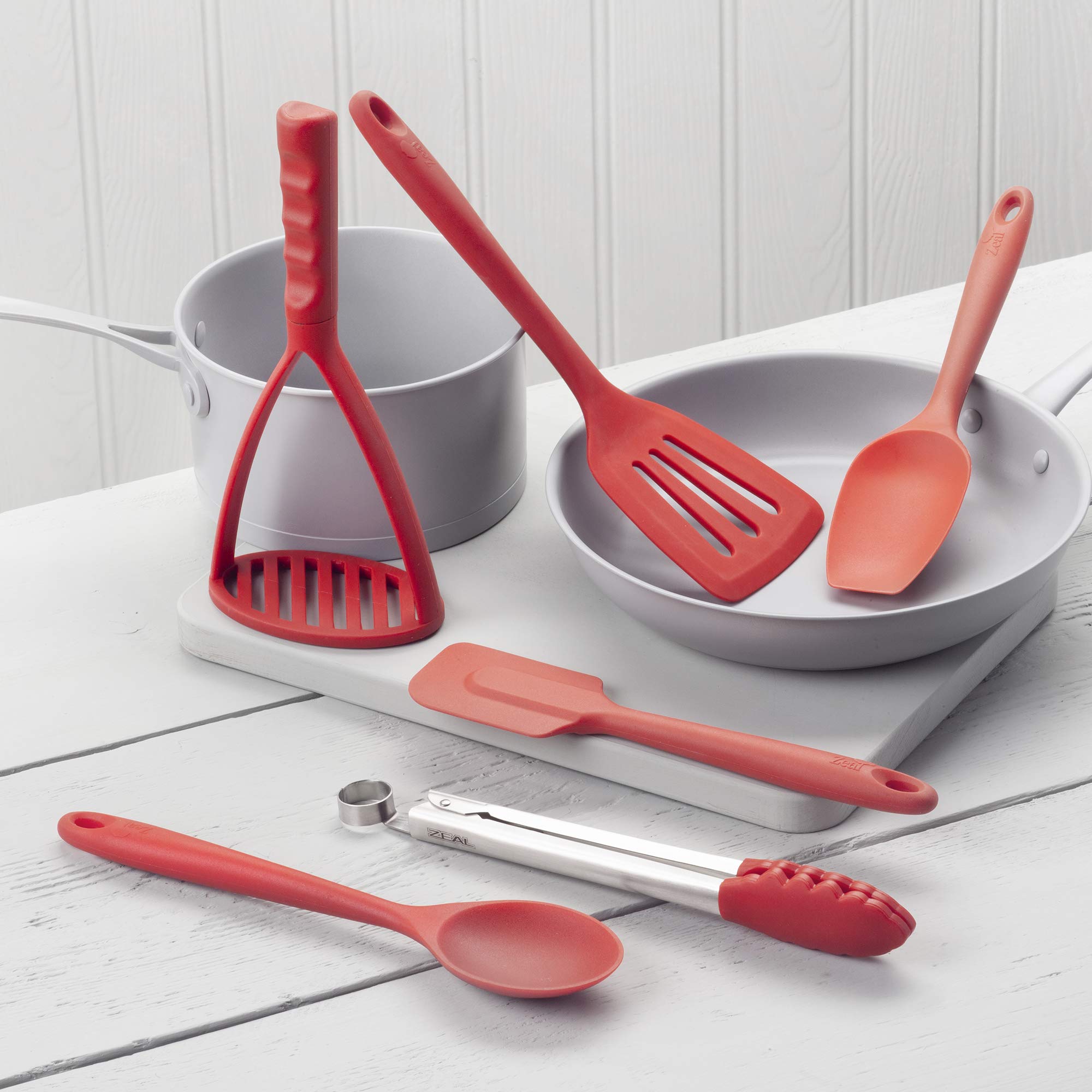 Zeal JSET47R Antihaft-Silikon-Kochzange, Löffel, Kochlöffel, Pfannenwender und Stampfer 6-teiliges Set, rot