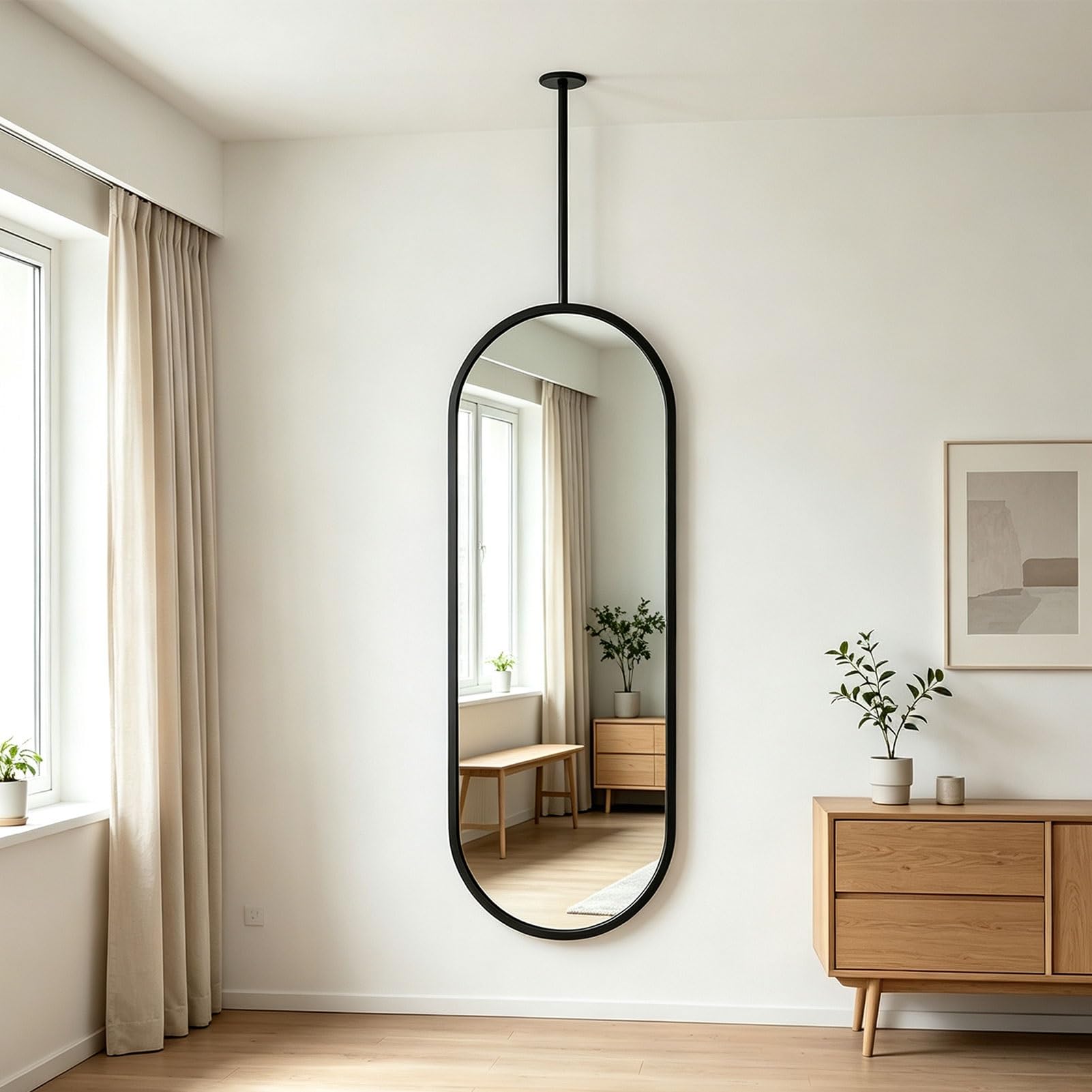 Miroir incassable ovale suspendu au plafond de la maison ou de l'hôtel | Miroirs suspendus simples et élégants,décoration murale,avec cadre et flèche en acier inoxydable brossé(50cmx60cm)