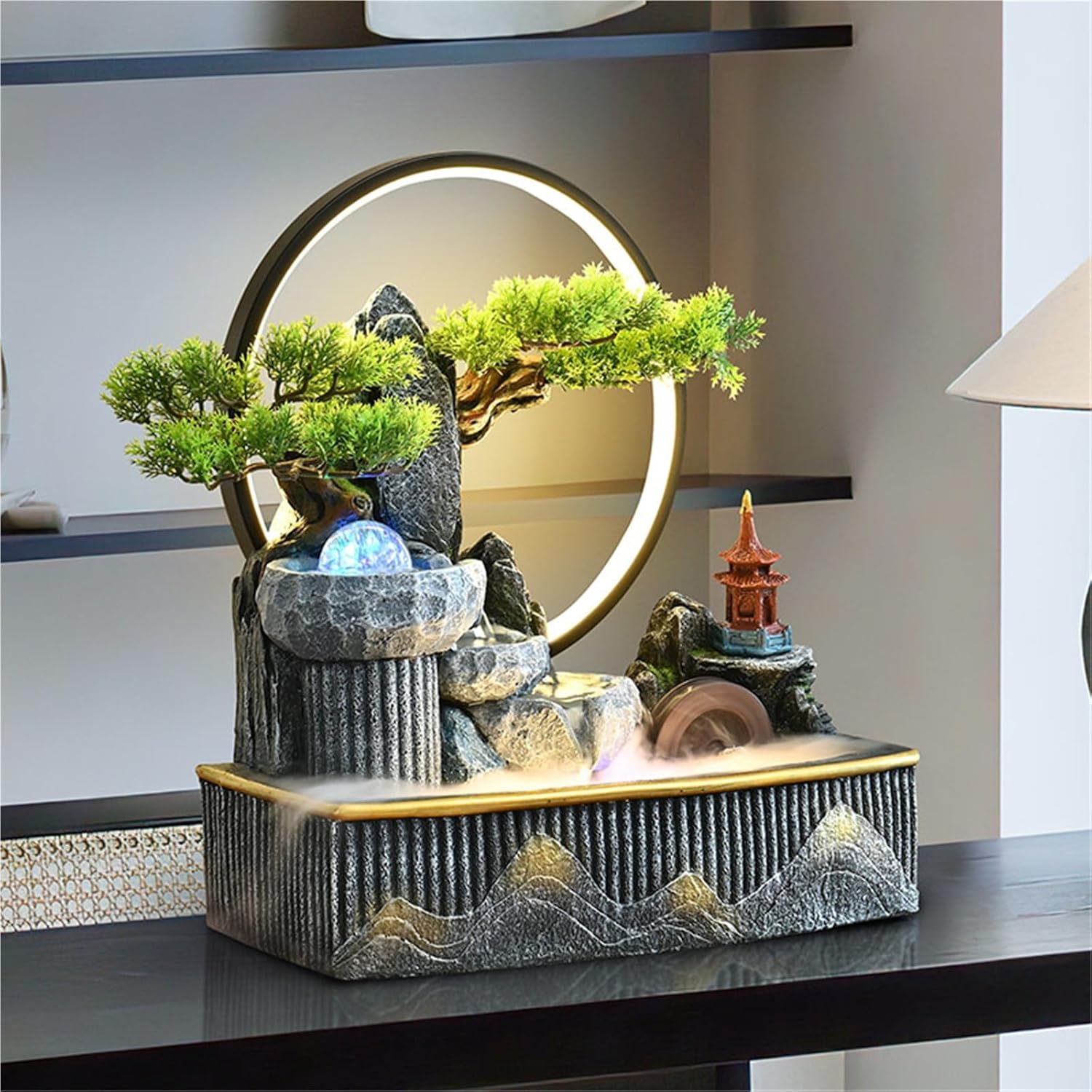 Tabletop Fountain with LED Crystal Ball, Indoor Feng Shui Waterfall Decor for Office Desk, Home Meditation, Relaxation, Wealth and Luck Enhancement Circulating(Small)