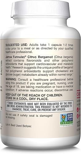 Miniatura 9 de Jarrow Formulas Bergamota cítrica de 500 mg-120 porciones (cápsulas vegetales) – Apoyo antioxidante para la salud cardiovascular y metabólica,