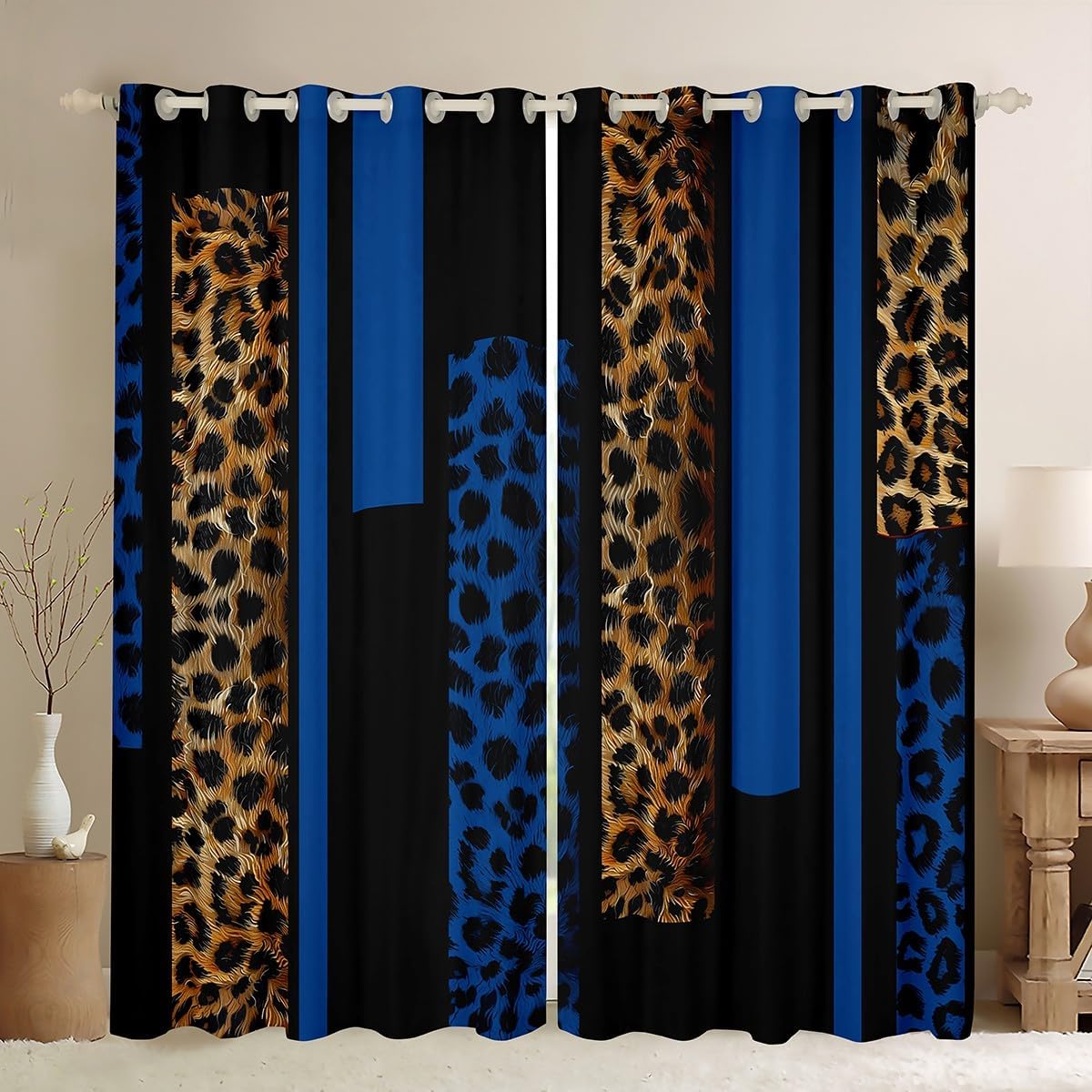 African Cheetah Window Curtains Wild Leopard Print Darkening Blackout Curtains Geometric Blue Rectangle Window Treatments Western Farmhouse Grommet Top 2 Panel Set Drapes,52Wx90L