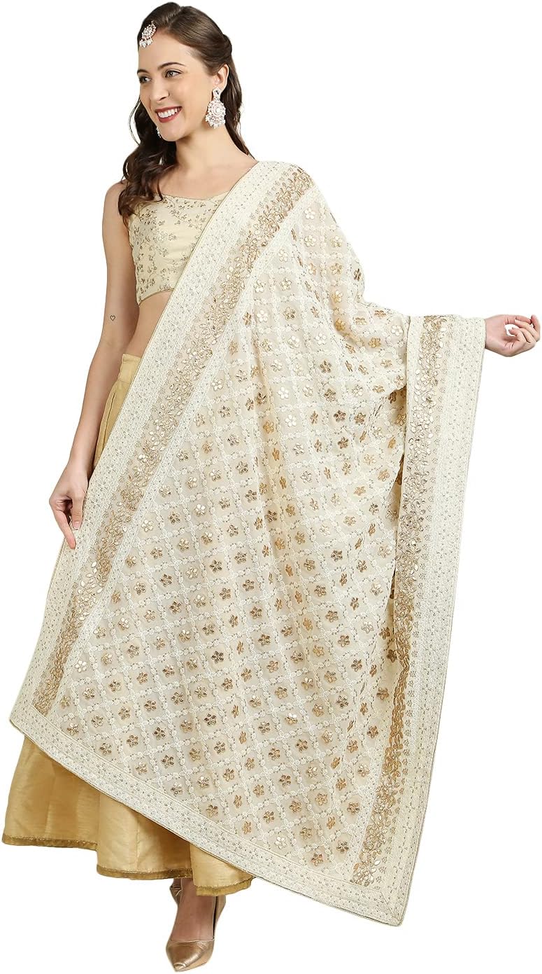 DUPATTA BAZAAR Women's Cream Georgette Lucknowi Work Dupatta With Gotta Patti Work Free Off White