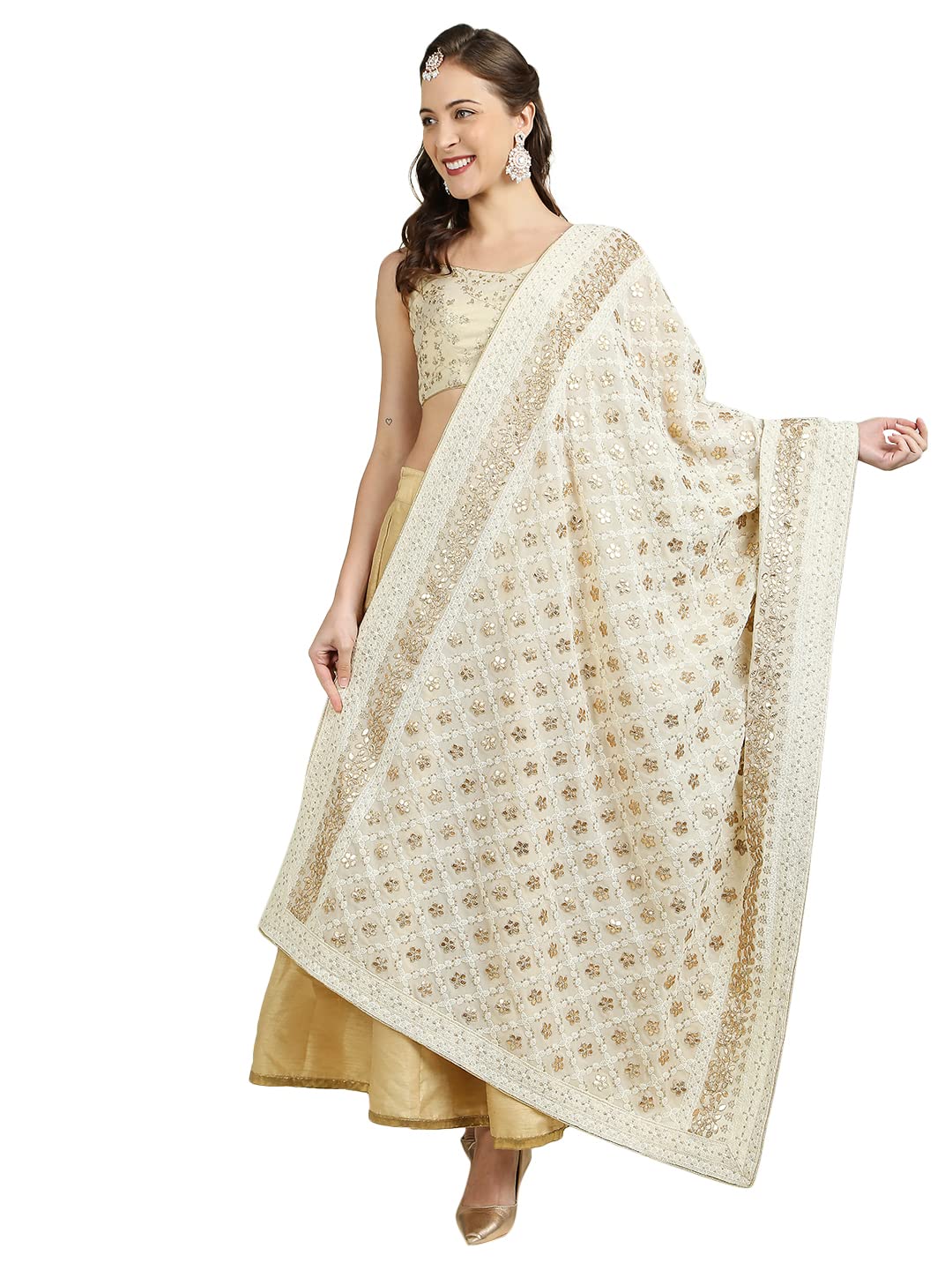 dupatta bazaar Women's Cream Georgette Lucknowi Work dupatta with Gotta Patti Work-picture-40