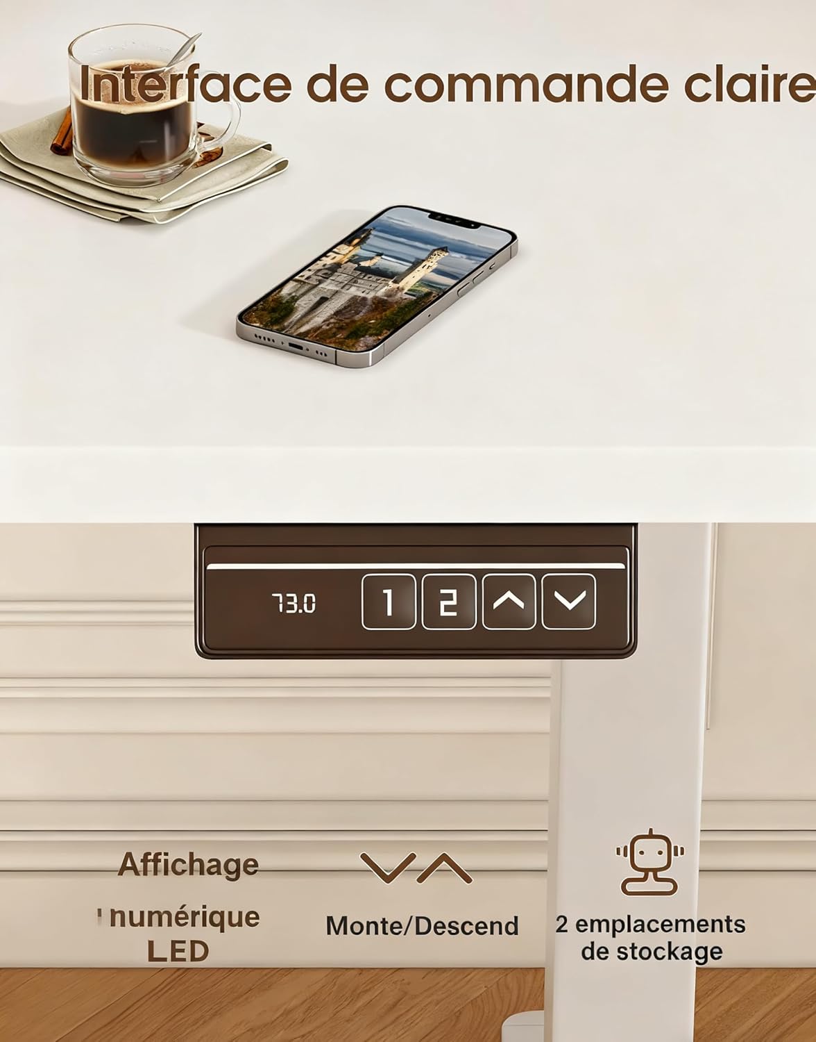 Close-up of the Devoko desk's control panel with LED display showing height, memory buttons (1, 2), and up/down arrows.