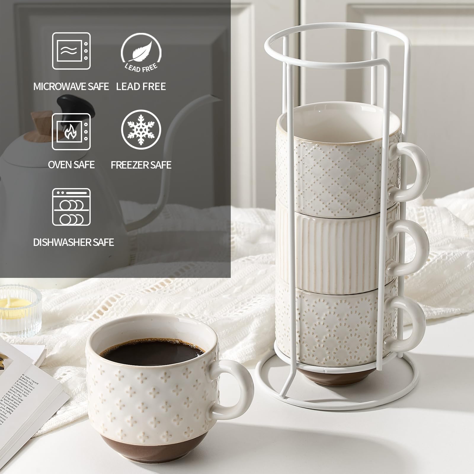 Juego de 4 tazas de café grandes de cerámica con soporte, apilables, de 15 onzas, diferentes relieves, para capuchino, té, cacao caliente, bebidas, aptas para lavavajillas y microondas,