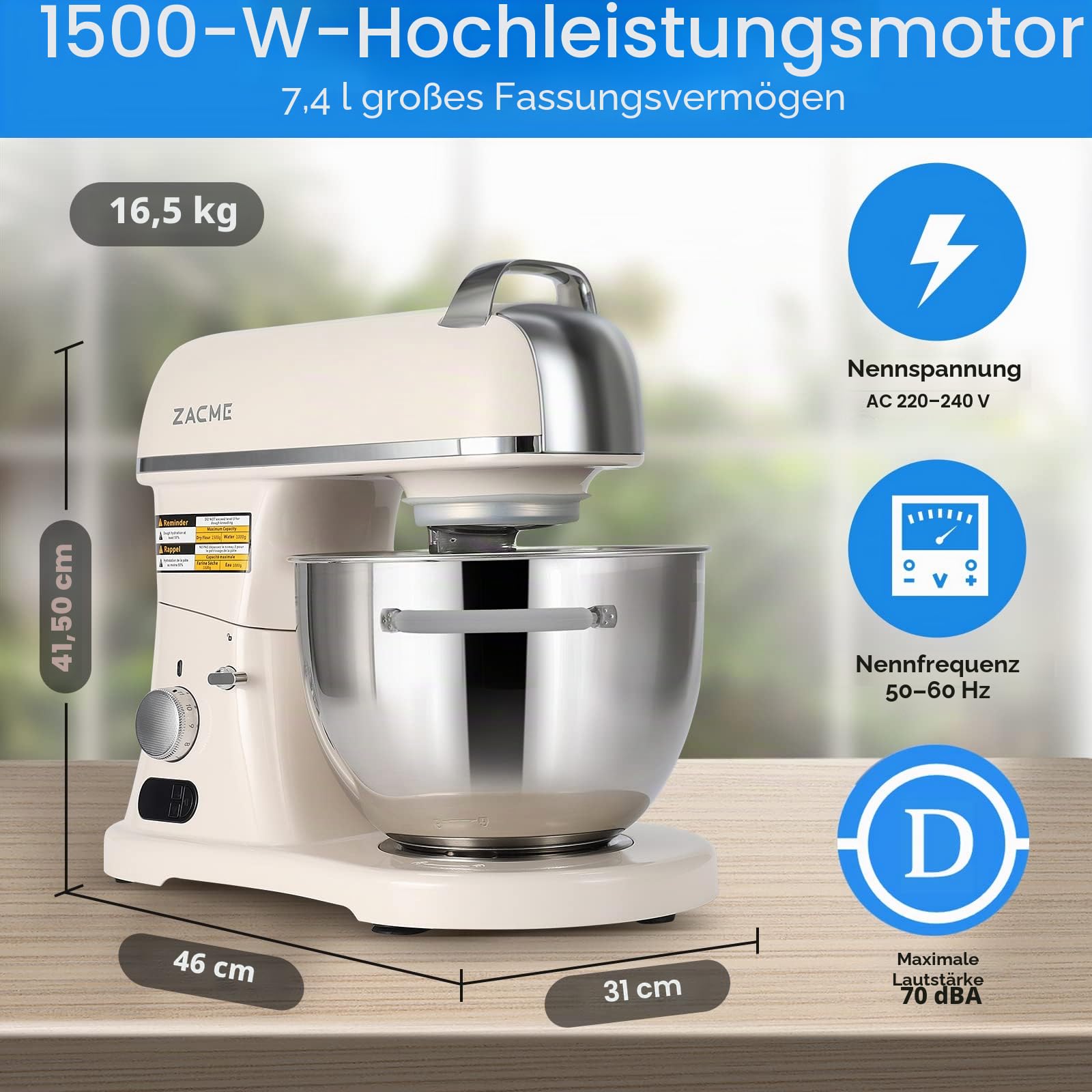 ZACME Profi Küchenmaschine Knetmaschine Aluminiumgussgehäuse(1500W),7L Edelstahlschüssel Teigmaschine mit LED-Touchscreen,Geräuscharme Rührmaschine,3 Rühraufsätze und Spritzschutz,11 Geschwindigkeit