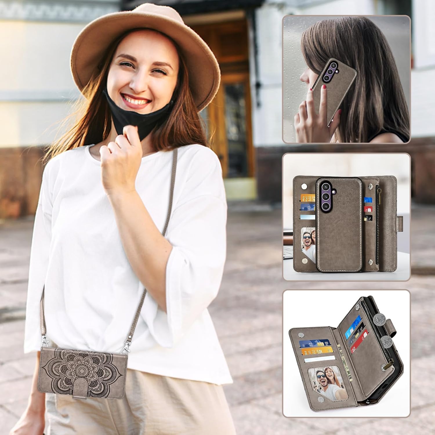 Asuwish Phone Case for Samsung Galaxy S23 FE 5G Zipper Wallet Magnetic Detachable Cell Cover with Tempered Glass Screen Protector Crossbody Strap Flower Card Holder S 23 EF S23FE 23S Women Girls Gray