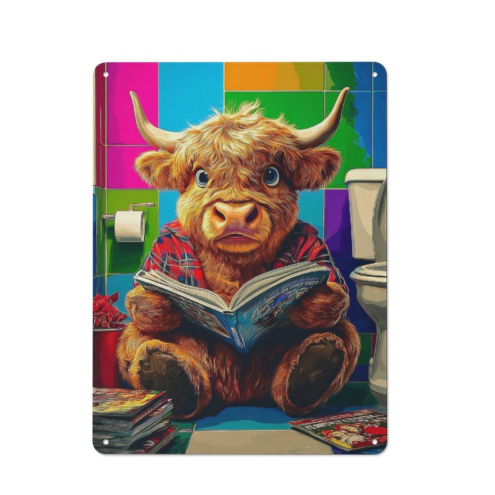 Junmoney Highland Cow Reading In Bathroom Rustic Metal Sign 40X30cm For Guest Room Or Hallway, Suited To Hallway Wall Decor Fans