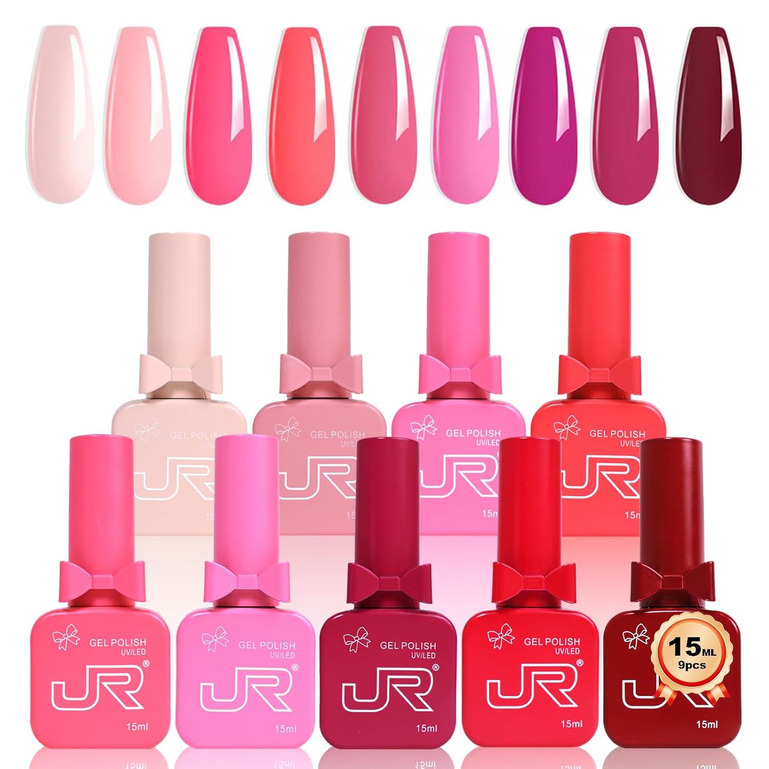 JR 9pcs 15ml Gel Nail Polish Set Red Nude Pink Gel Polish Kit Nude Pink Gel Polish Nail Art Manicure Salon DIY Soak Off UV LED Nail Gel Kit DIY Art Manicure