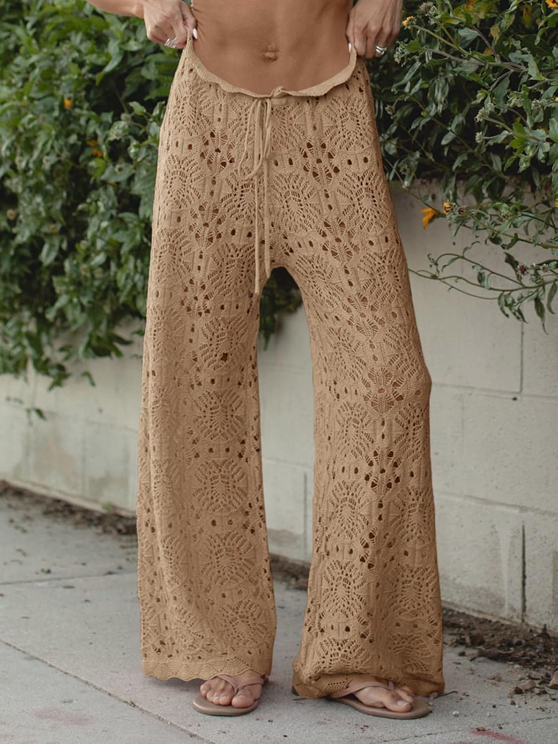 Saodimallsu Womens Crochet Swimsuit Coverup Pants High Waisted Drawstring Sexy Sheer Mesh Knit Wide Leg Beach Pants - Image 3