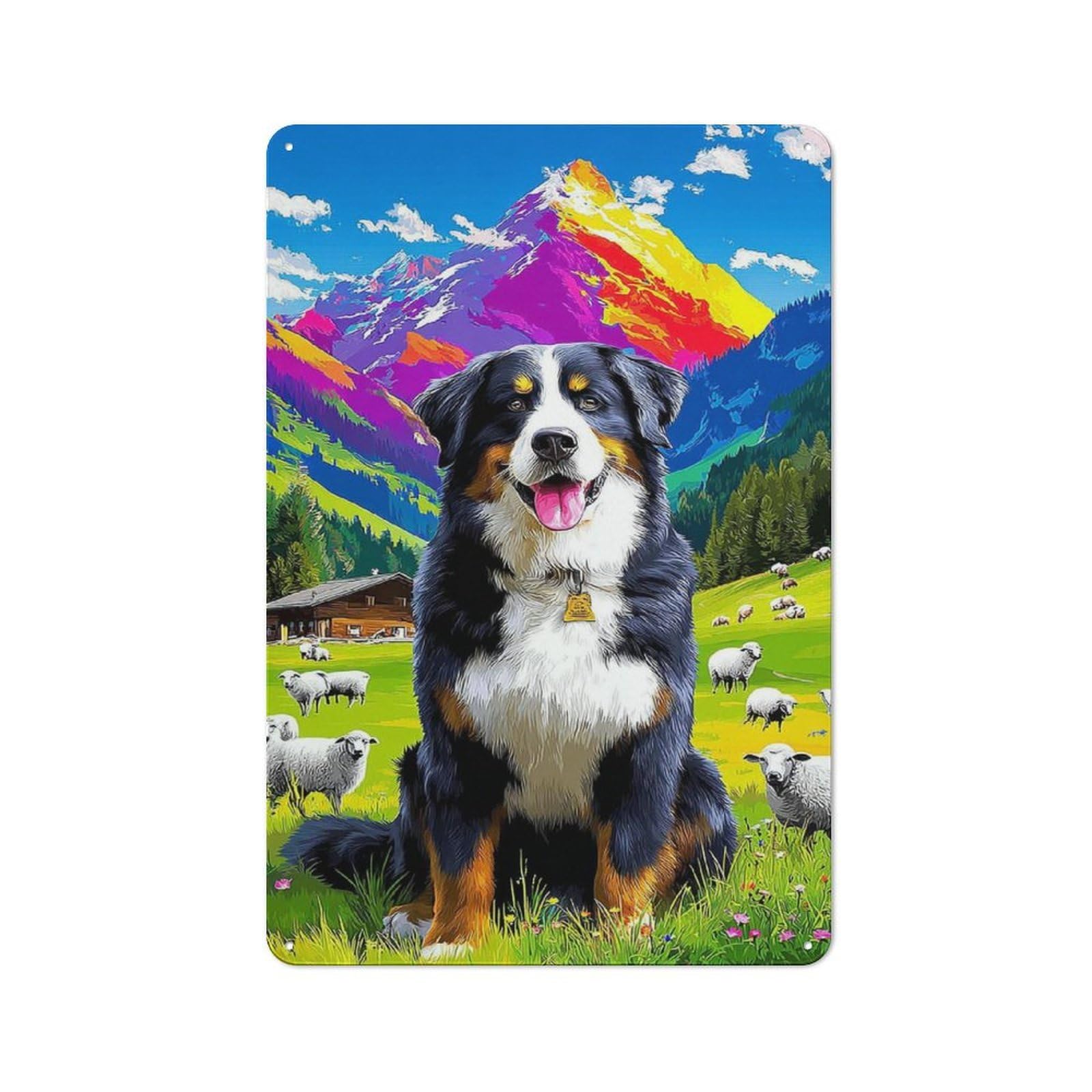 Mountain Shepherd Dog with Sheep Cottage Metal Wall Decor 30x20cm, Shed Metal Sign for Conservatory, Home Bar Or Utility Room