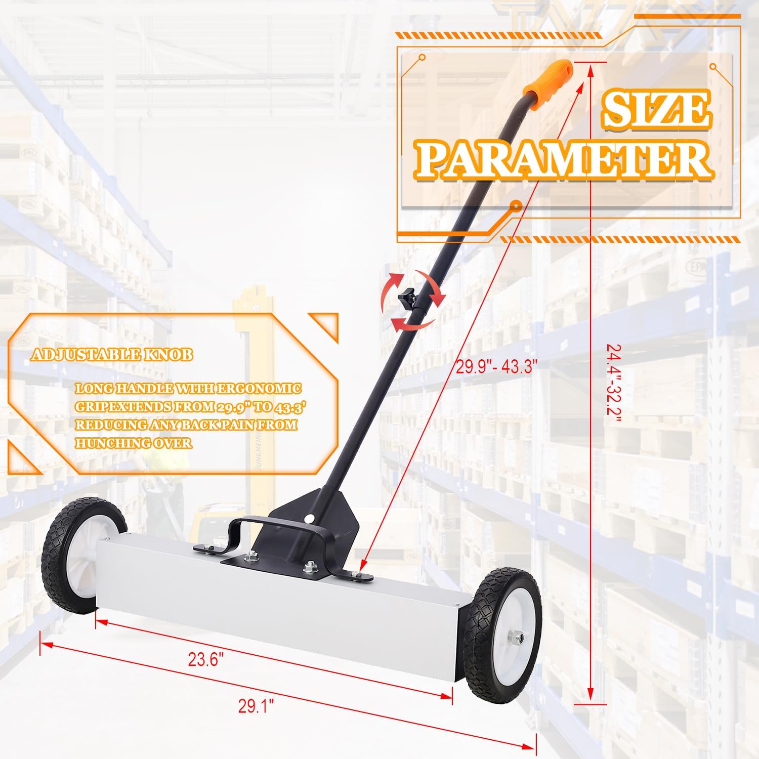 24" Rolling Magnetic Sweeper with Wheels Quick Release Magnetic Sweeper Heavy Duty Magnetic Pickup Sweeper w/30LBS Capacity Adjustable Magnetic Handle Sweeper for Nails Screws Collection