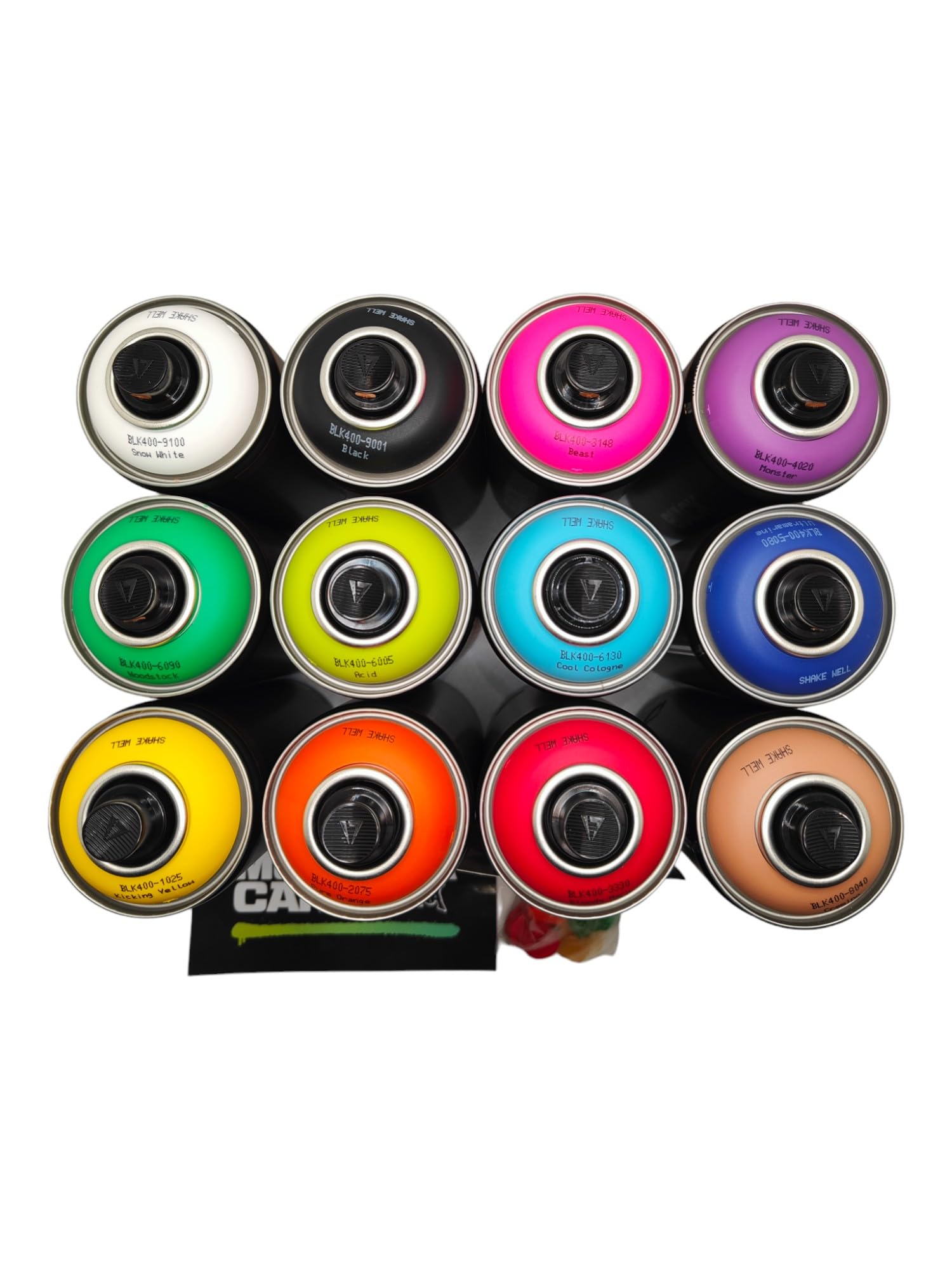 Montana Black 400 ml beliebte Farben, Set mit 12 Graffiti-Streetart-Wandmal-Sprühfarben + 6 Ersatz-Sprühköpfe