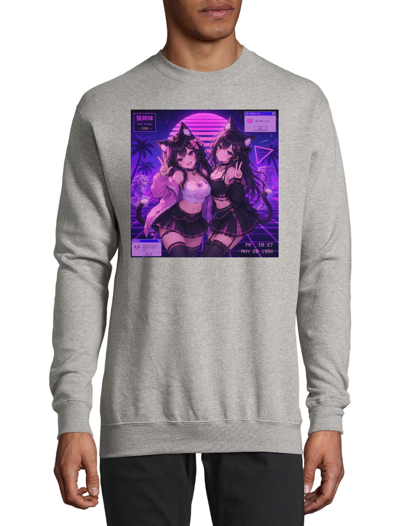 Neon Night Cat Girl Duo Baumwollpullover Sweatshirt Pullover Grau XXXL
