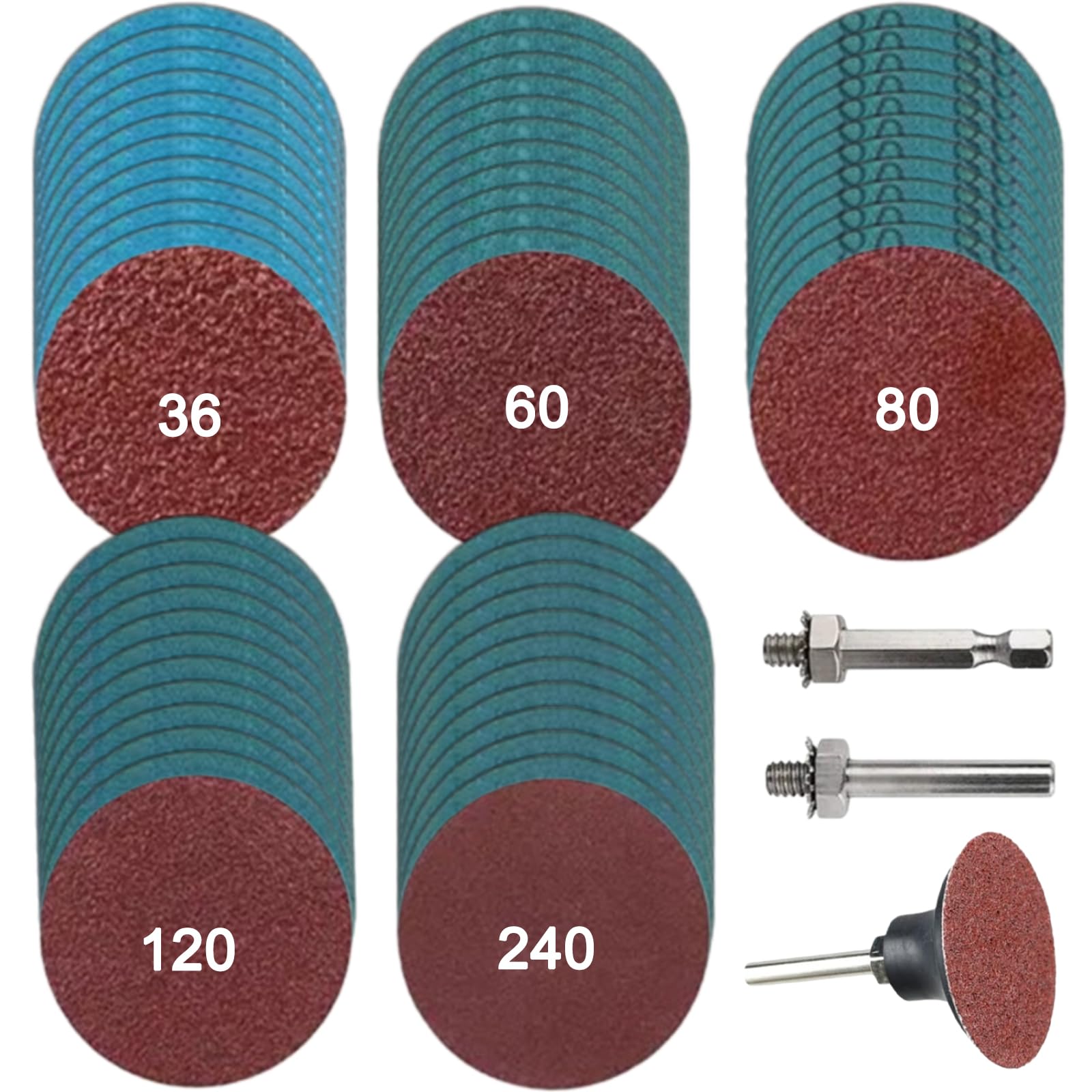 Juego de 60 discos redondos de 50 mm, grano 36/60/80/120/240 con soporte de almohadilla de 1/4 para pulir, acabado de óxido, metal y madera y lijado