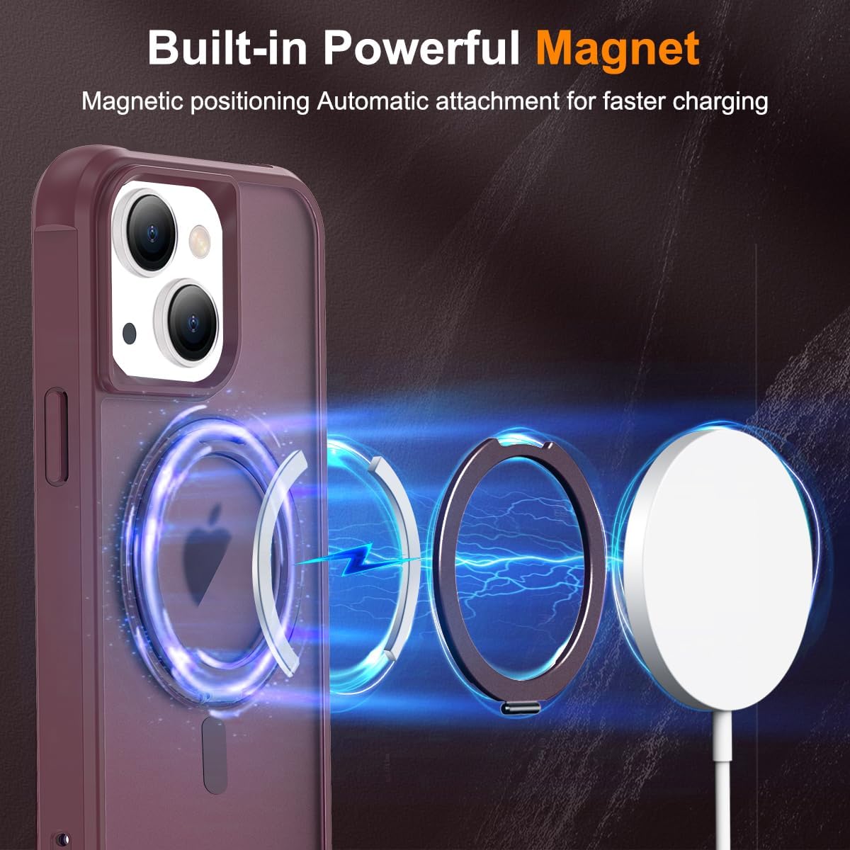 for iPhone 13/14 Case 6.1 Inches 360°Rotatable Magnetic Ring Invisible Stand,[Compatible with Mag-Safe] Military Shockproof Frosted Translucent Case,Wine Red