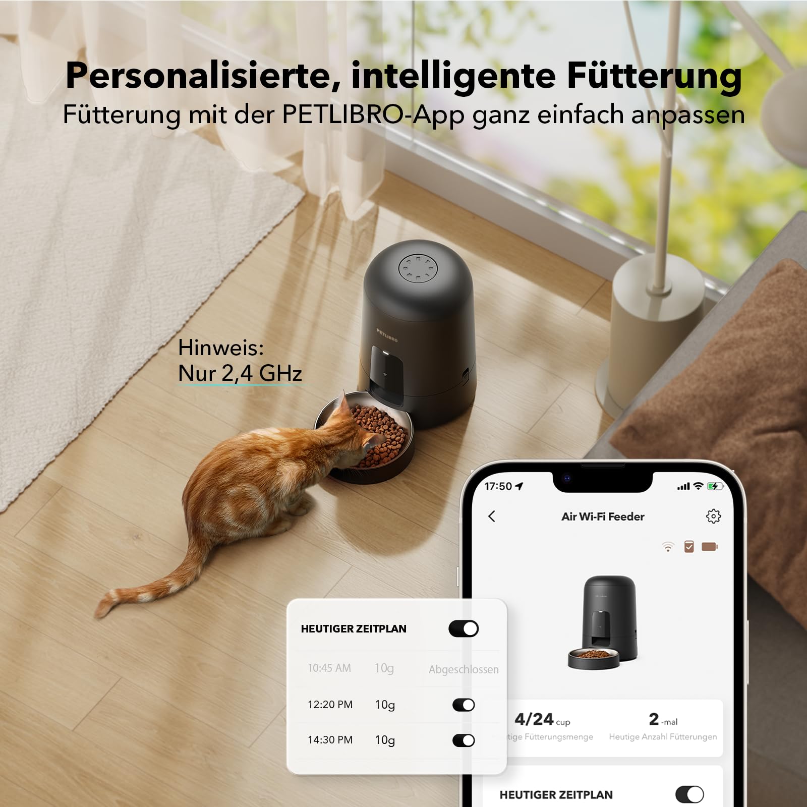 PETLIBRO Futterautomat Katze, Katzenfutter Automat Kabellos 2,4G WiFi Intelligenter Futterspender Katze, Wiederaufladbarer Akku mit 30 Tagen Batterielebensdauer, mit Edelstahlnapf, APP-Steuerung