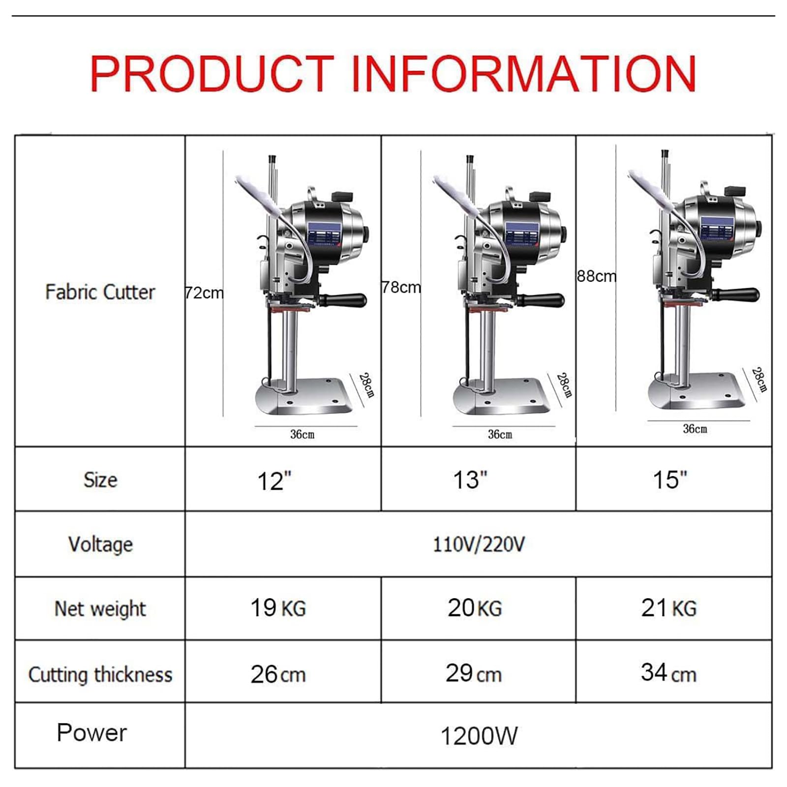 Taglierina Elettrica Industriale per Tessuti, Macchina da Taglio Verticale A Lama Dritta per Tessuti, 1200 W con Funzione di Affilatura/Luce LED, per Materiali Spessi, 15in