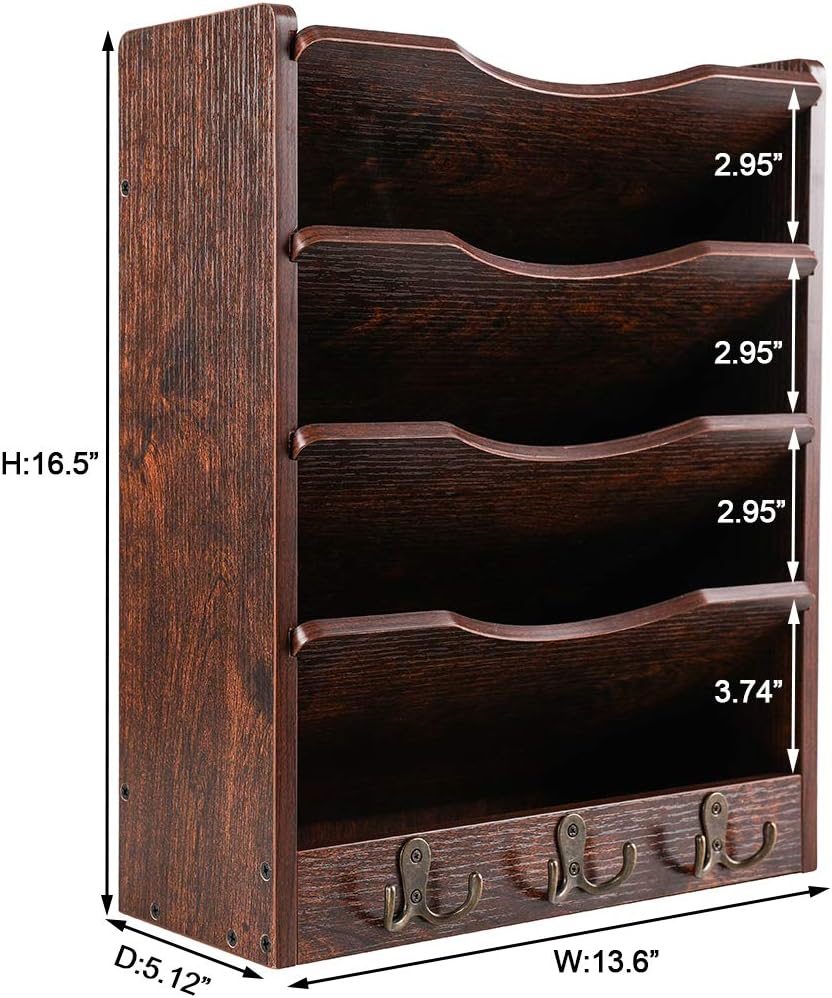 PAG 5-Tier Wall File Holder Hanging Mail Organizer Wood Magazine Literature Rack with 6 Hooks, Brown
