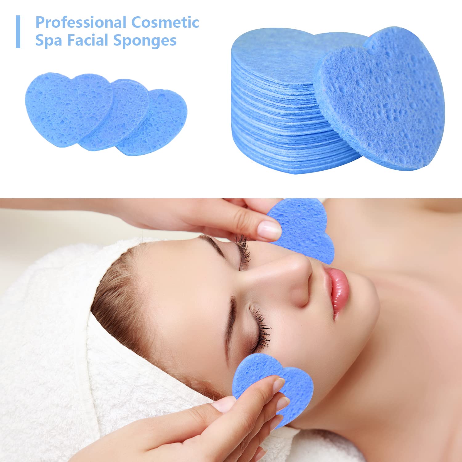 Esponjas faciales comprimidas de celulosa natural Spunspon en forma de corazón para limpieza facial, exfoliación y eliminación de maquillaje, 50 unidades / 1 paquete, azul