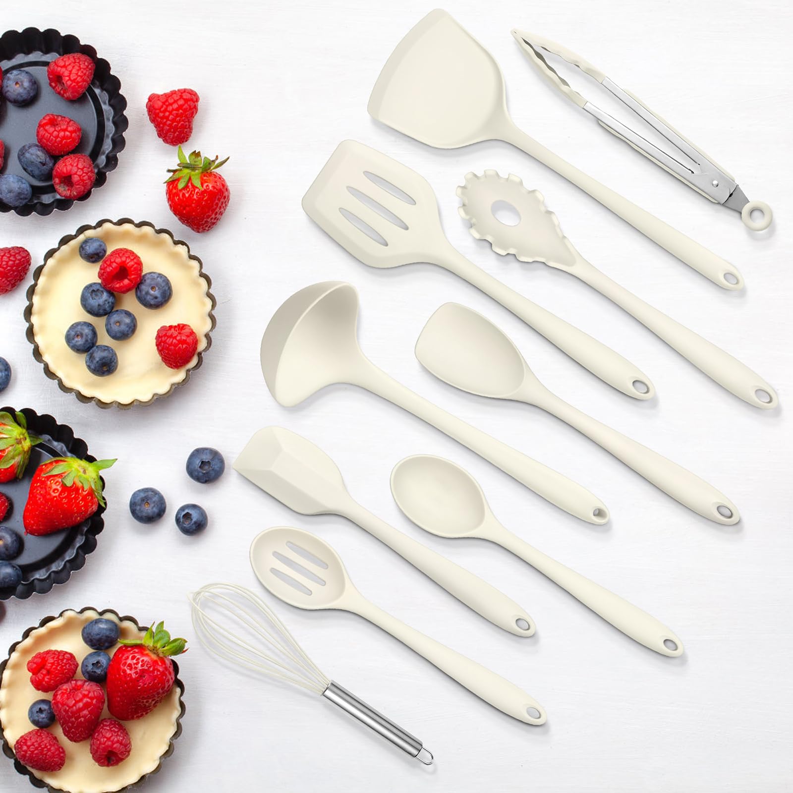 Leonyo Küchenutensilien-Set zum Kochen, Silikon-Kochutensilien-Set, 230 °C, hitzebeständiges Silikon-Küchenwerkzeug mit Pfannenwender, Servierlöffel, Schneebesen für Antihaft-Kochgeschirr, Weiß, 10