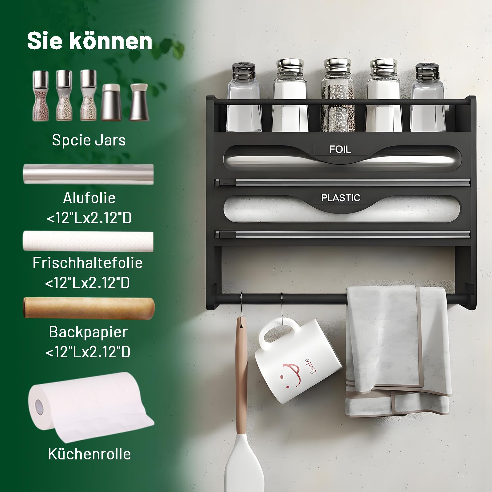 Dispenser di pellicola con taglierino, dispenser di pellicola in alluminio e contenuto fresco, porta rotolo da cucina e portaspezie, dispenser di pellicola salvafreschezza da cucina, pellicola