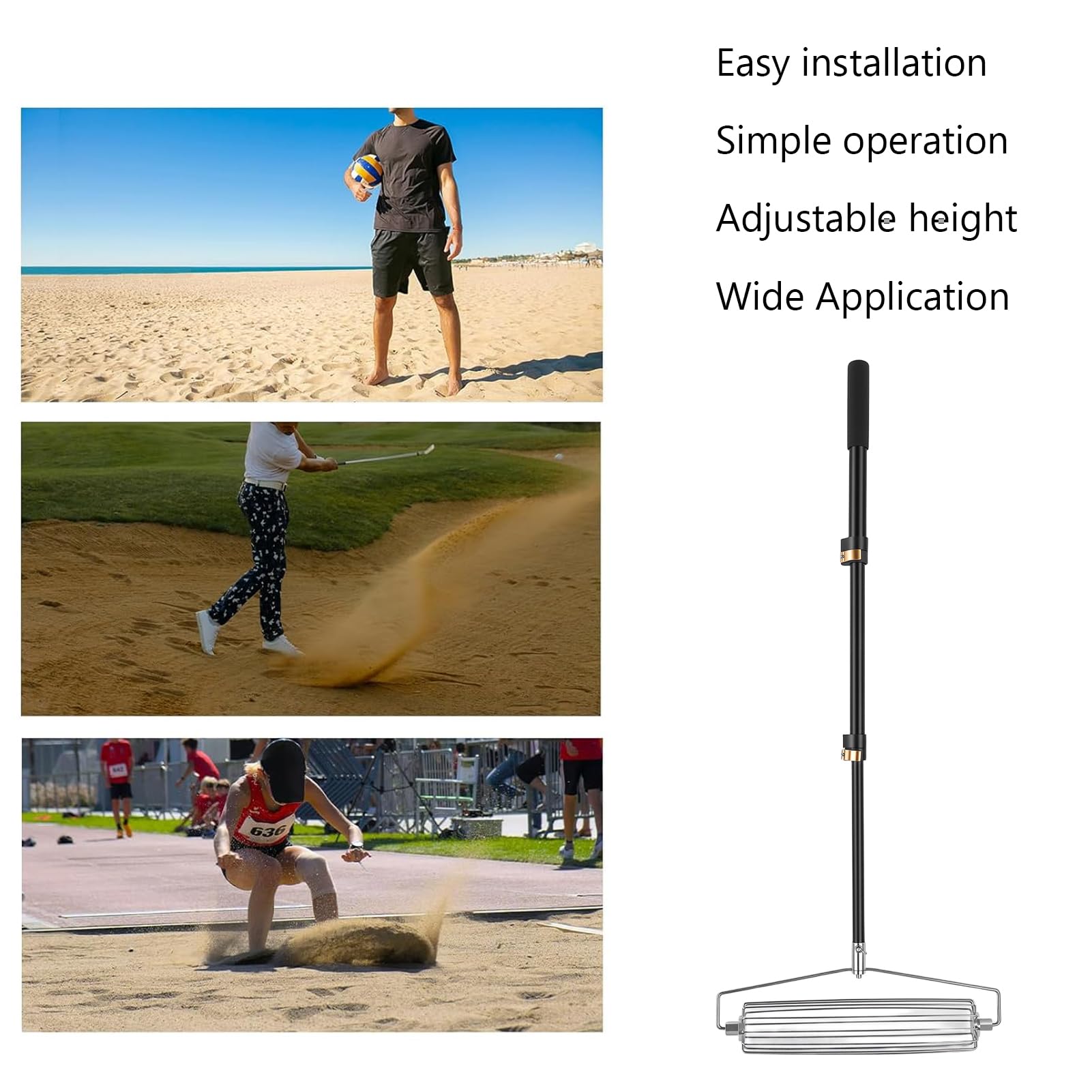 Grabie do łapania piasku ze stali nierdzewnej 304 z rolką i wysuwanym drążkiem, grabie wyrównujące na pole golfowe Beach Track & Field Skok w dal
