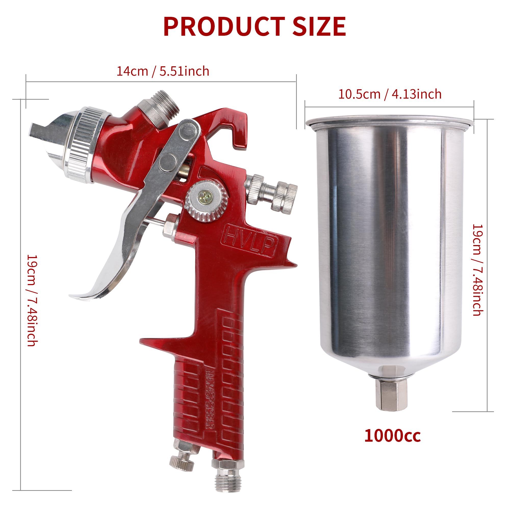 HVLP Schwerkraftzufuhr-Spritzpistole, Automobil-Luft-Farbspritzpistole, Set mit 4 Düsen, 1,4 mm, 1,7 mm, 2,0 mm und 2,5 mm, 1000 cc Aluminiumbecher, geeignet für Autolack und Ausbesserung