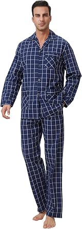Men Cotton Pajama Set For Men 2 Piceces Plaid Comfy Nightwear PJS With Pockets