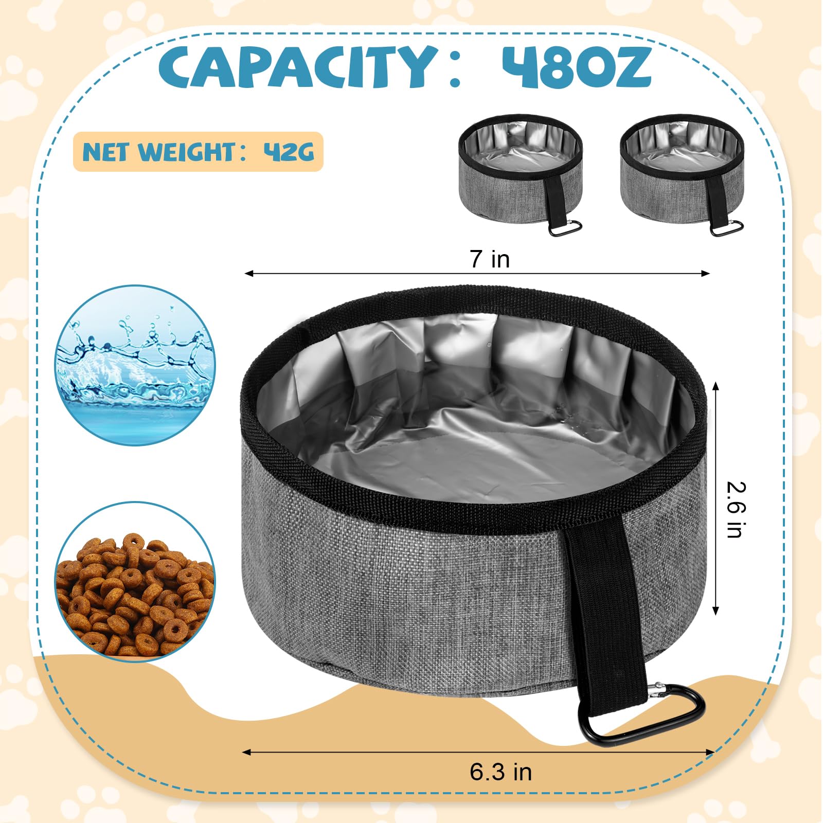 Meanplan 2 Pack Portable Dog Bowls Foldable Travel Dog Dish Portable Puppy Water and Food Bowl Pet Hiking Accessories for Small and Large Pets(Gray,40 oz)