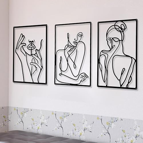 CHENGU Metal Minimalist Abstract Woman Wall Art (Black, 3 Pieces,