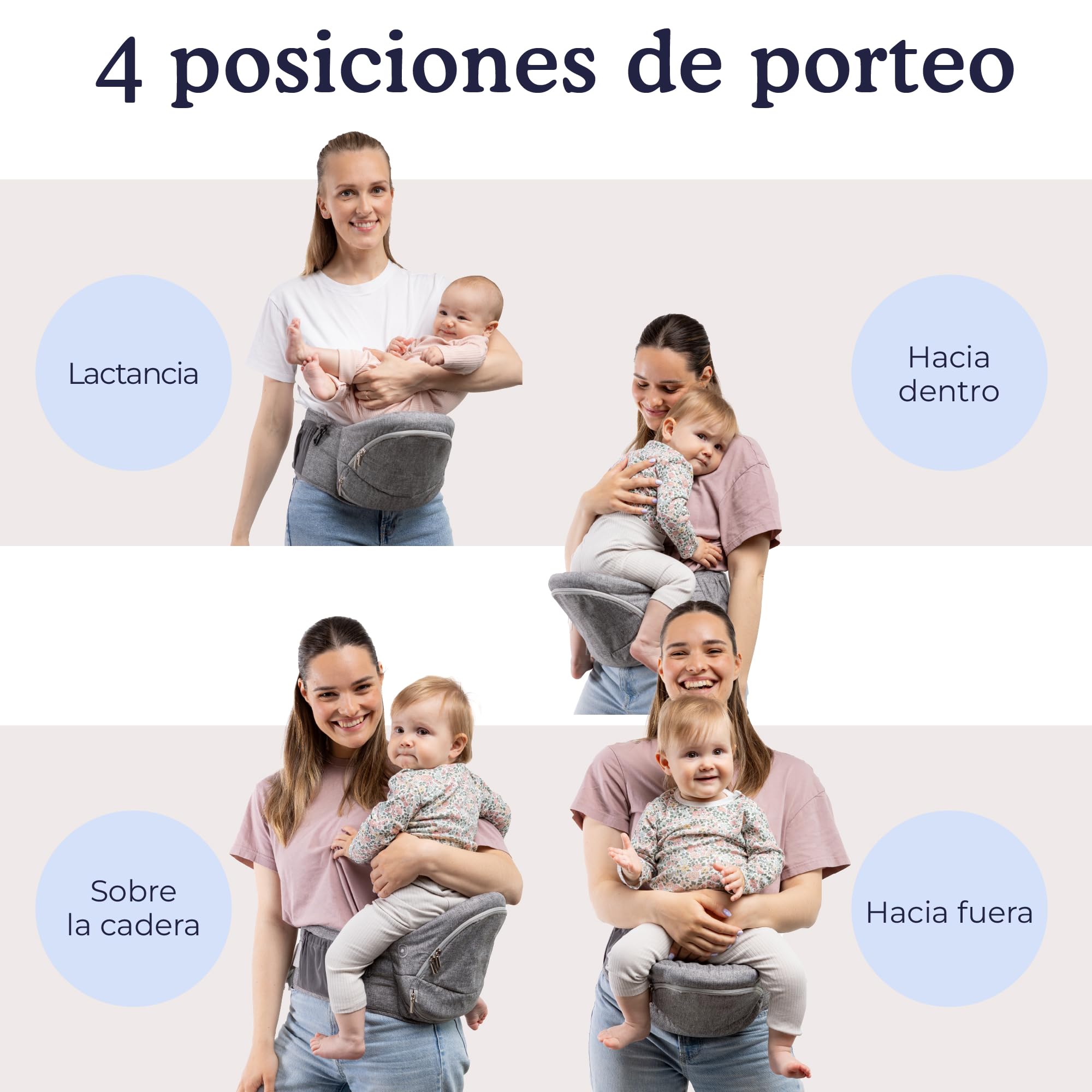 Beco Portabebés Asiento de Cadera Plegable, 4 en 1, 0-36 Meses, Gris | Se pliega plano en la bolsa de pañales, Asiento que alivia brazos y espalda, se adapta fácilmente de 0 a 36 meses.