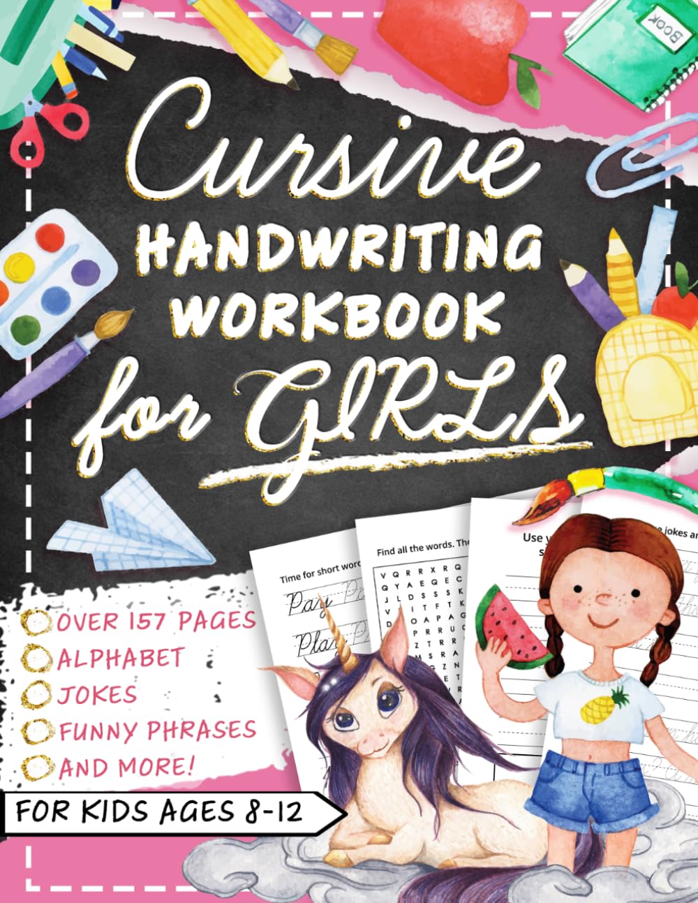 Cursive Handwriting Workbook for Kids Ages 8-12 with Jokes & Riddles for Girls: Penmanship Practice Paper and Script Writing Book for Beginners