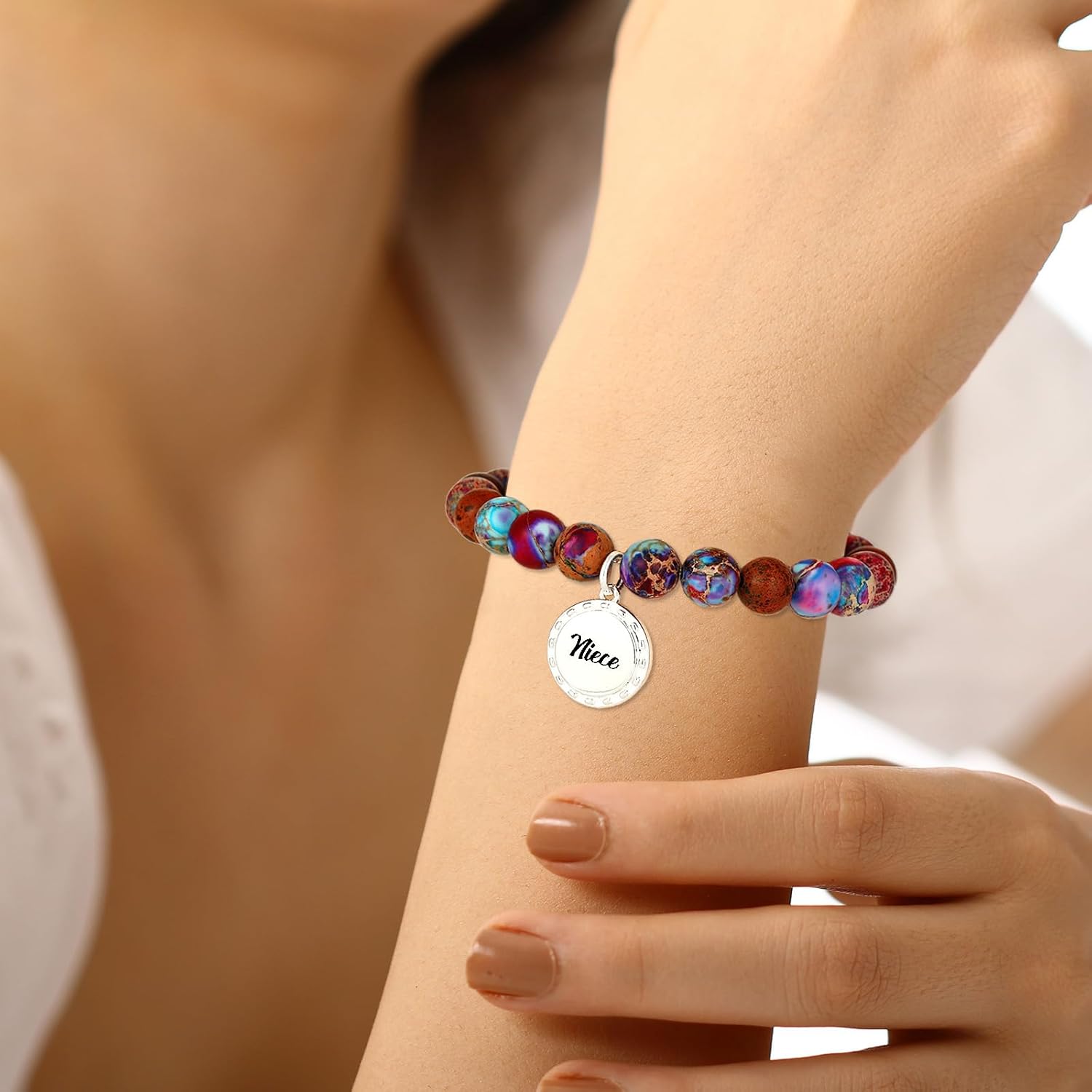 Easter Basket Stuffers - Gifts for Women Natural Colorful Imperial Jasper Stone Bead Bracelet Teacher Appreciation Gifts Birthday Gifts for Sister/Daughter/Niece/ Grandma/Mom/ Wife /Nana /Aunt/Nana with Gift Message Card - Image 2