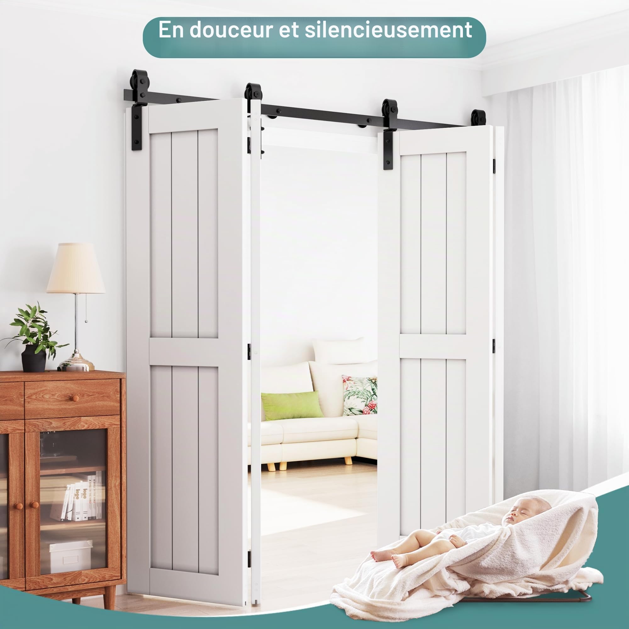 WINSOON Kit de quincaillerie pour porte coulissante pliante | Pour Porte Intérieure en bois rail plat en acier au carbone, installation facile, rouleau fluide et silencieux, sans porte
