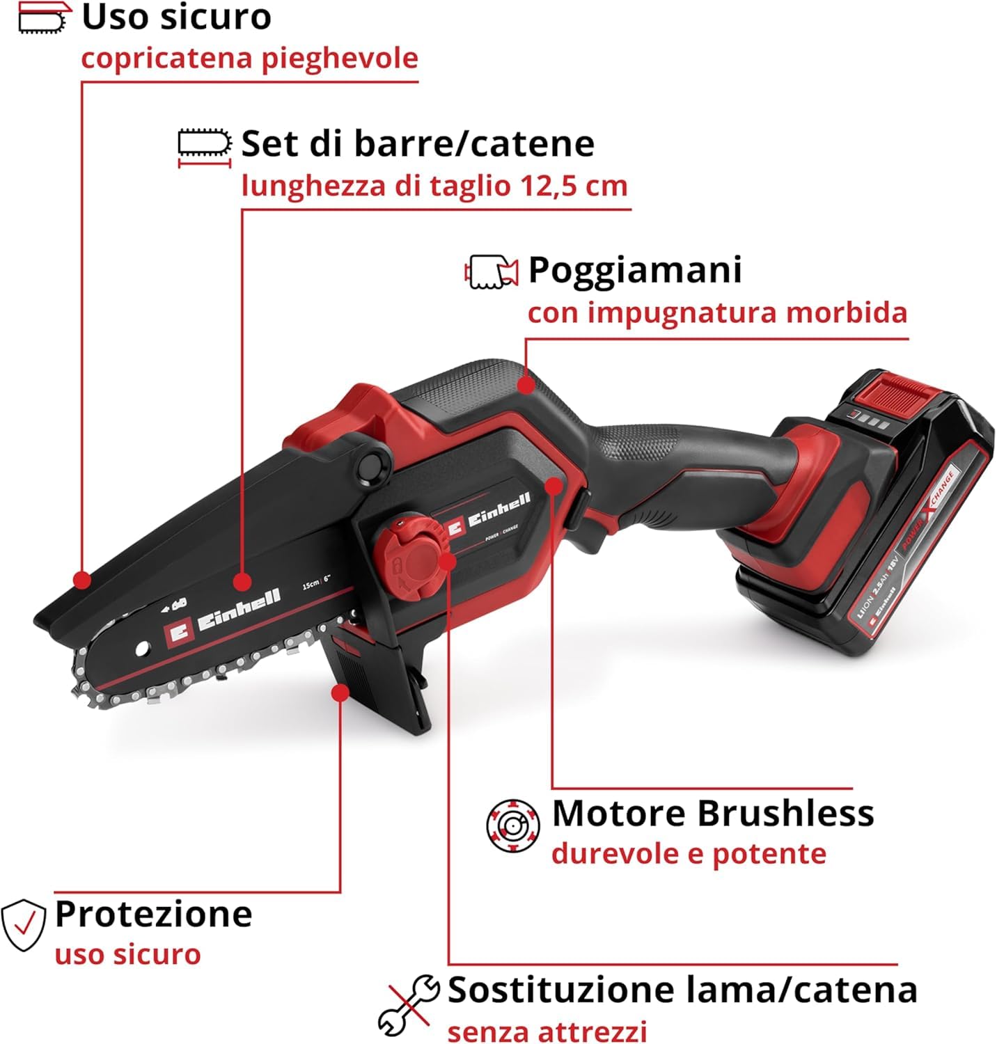 Einhell Motosega a batteria GE-PS 18/15 Li Bag Kit Power X-Change (18 V, Brushless, lunghezza di taglio 12,5 cm, con batteria 2,5 Ah, caricabatteria, catena di ricambio, Einhell Bag 45/29)