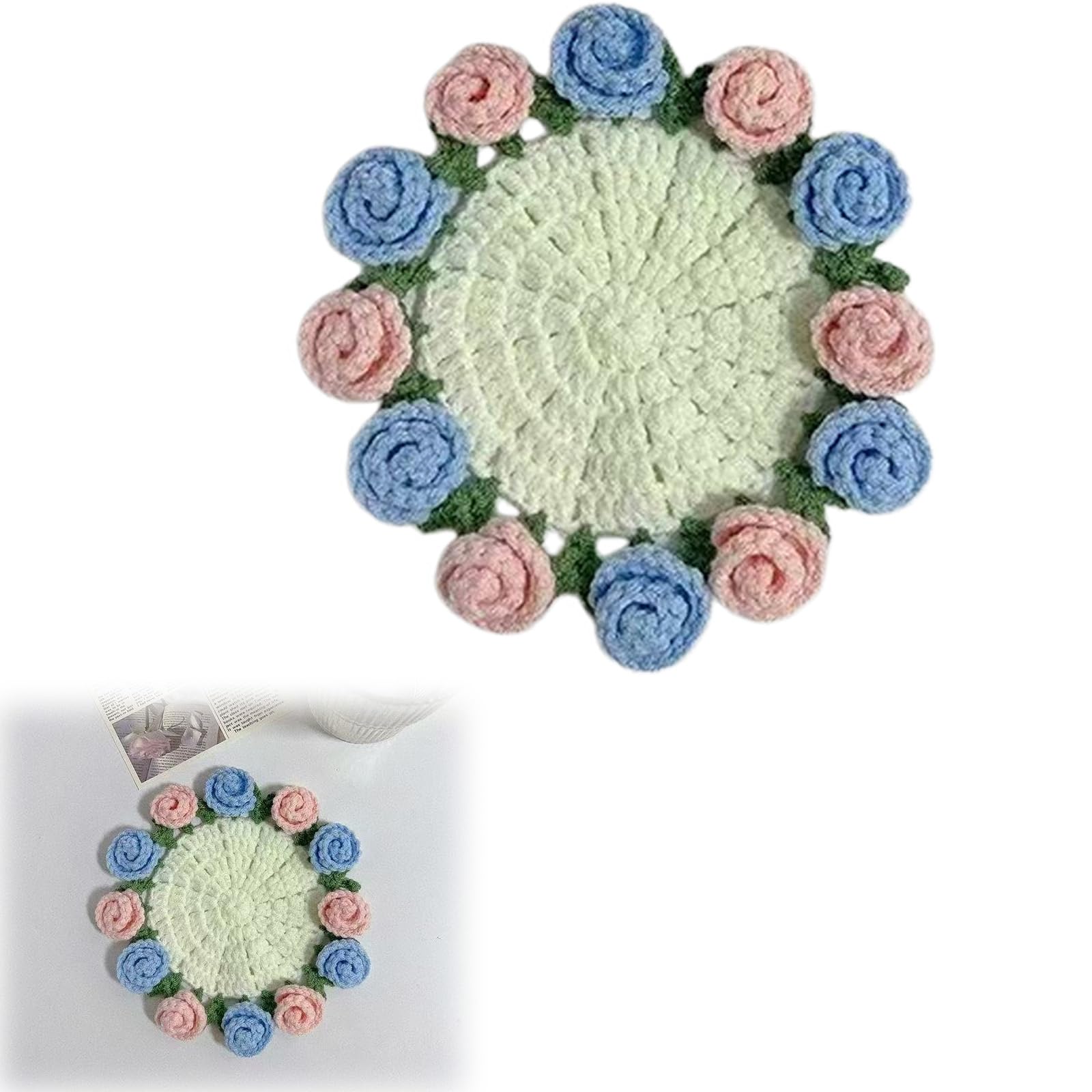 Oxxggkao Miniature Knitted Rose Coasters Set for Cups and Mugs Elegant Tabletop Decors Crocheted Container Coasters Gift Lover ' s Day Present