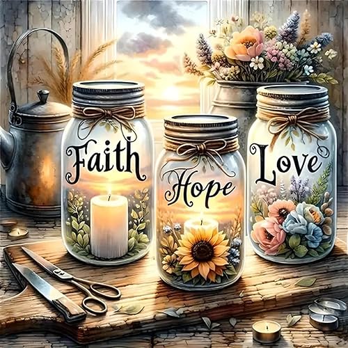 TOPMCYSG Faith,Hope,Love Diamond Art Kits for Adults,Inspirational 5D Diamond Painting Kits for Beginners,DIY Paint with Round Full Drill Diamond Dots Gem Painting for Adults,Home Decor 13.78x13.78 in