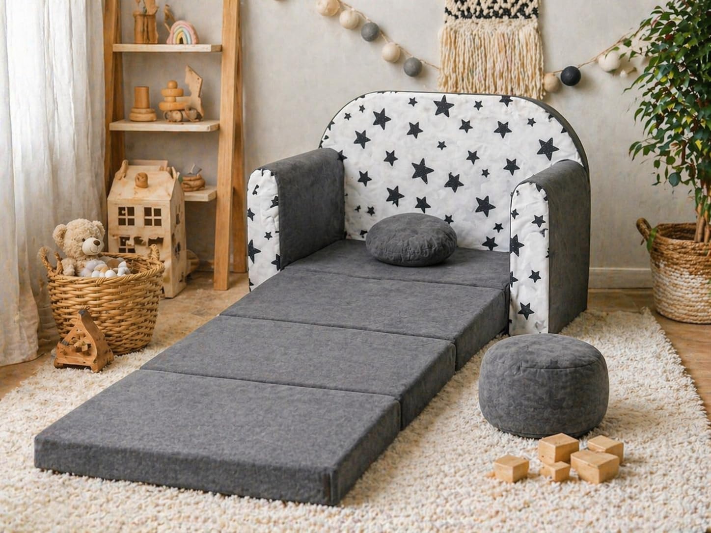 Sofá Cama Infantil 2 Plazas Convertible Plegable AC1 Gris con Puf