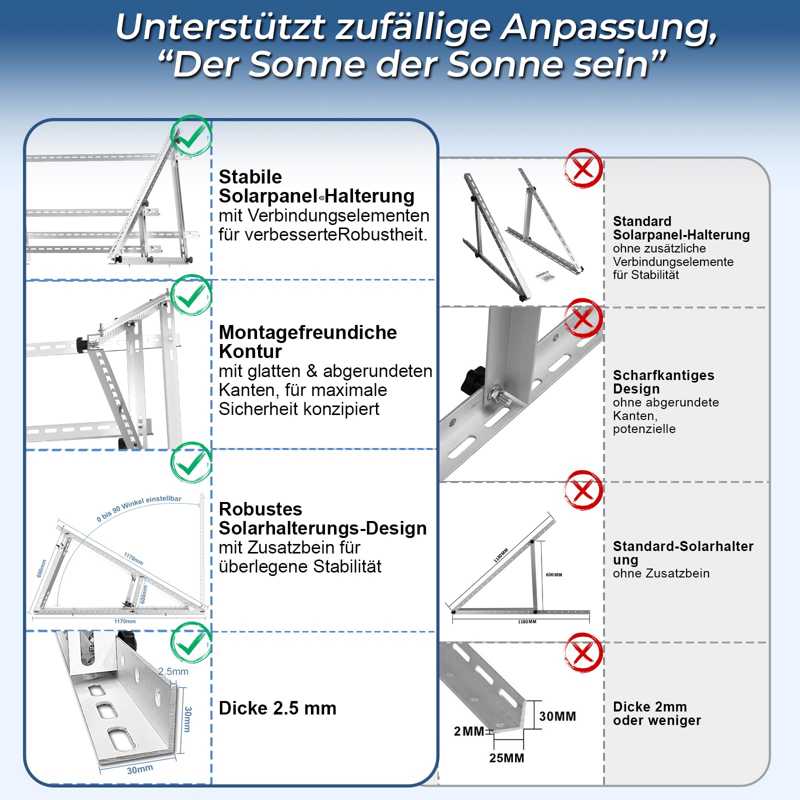 Lot de 2 supports pour centrale électrique de balcon - 117 cm - Support de panneau solaire plat pour panneaux solaires - Angle réglable de 0 à 90 ° - Compatible avec les panneaux solaires de 100 à 600