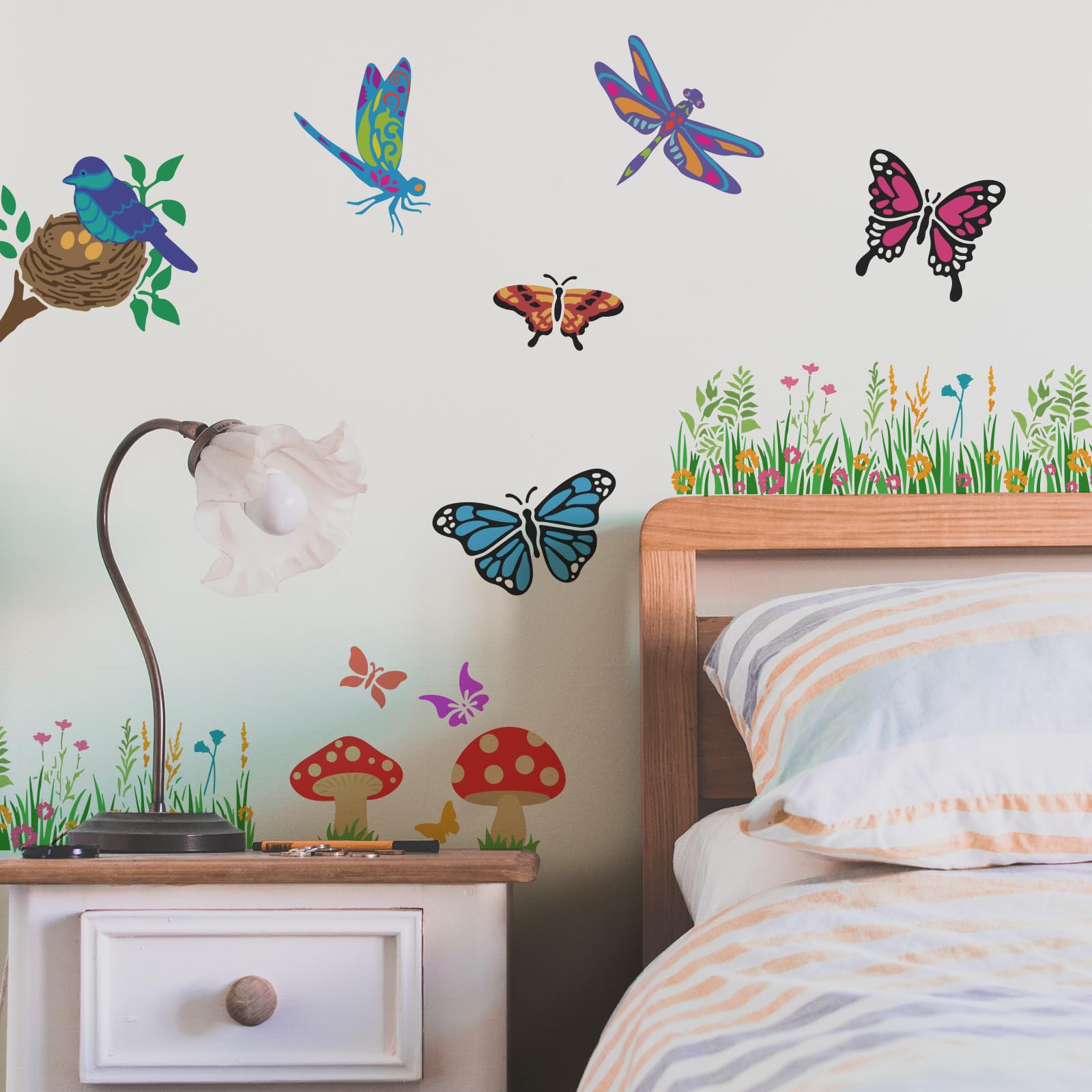 FINGERINSPIRE 9Pcs Layered Animals and Plants Painting Stencil with Brush 30x30cm Butterflies Dragonflies Chickens Birds Drawing Template Tulips Hydrangeas Grass Flowers Mushrooms Pattern DIY Stencil - Image 4