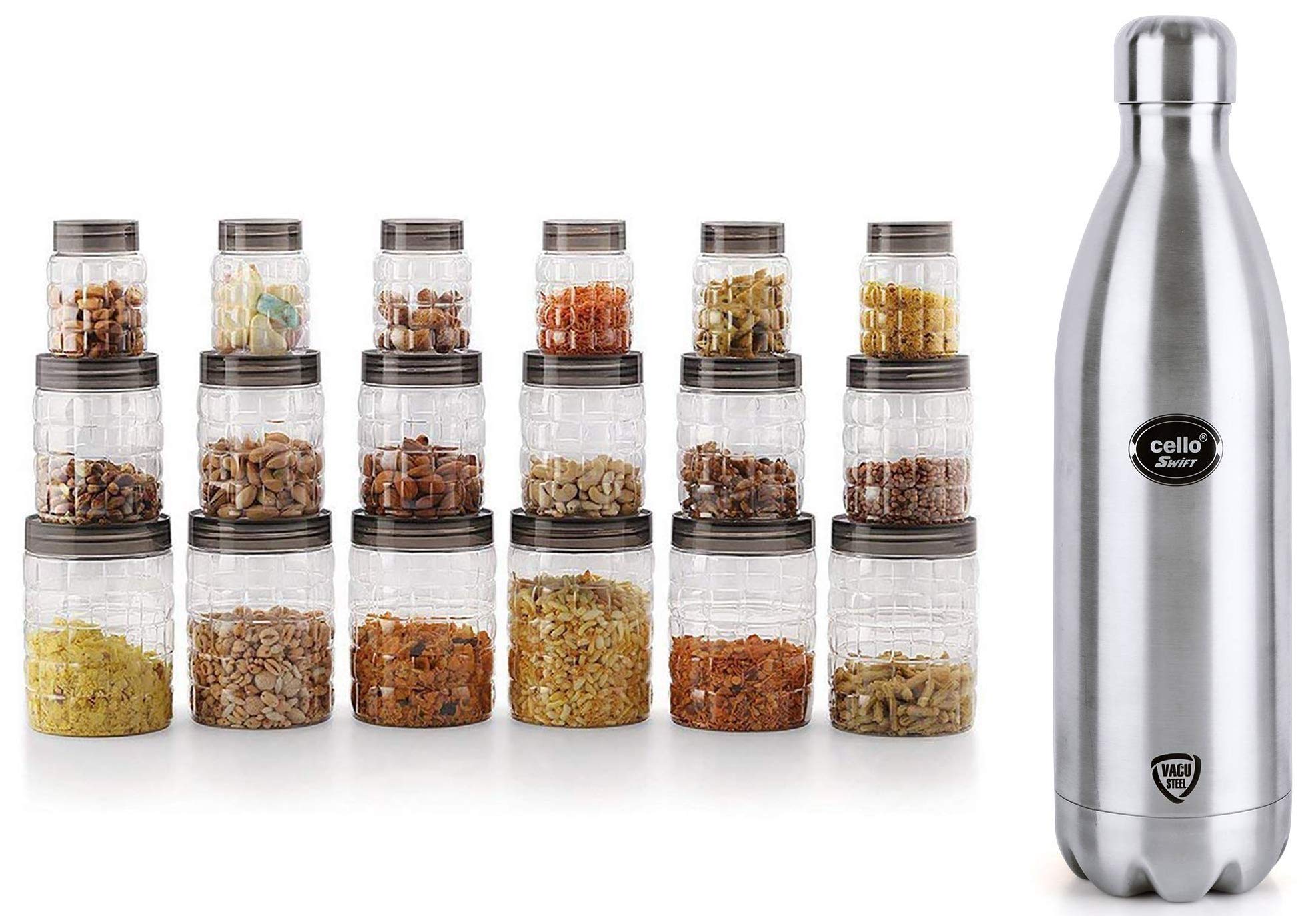 Cello Checkers Plastic PET Canister Set, 18 Pieces, Clear & Cello Swift Steel Flask, 1 Litre, Silver