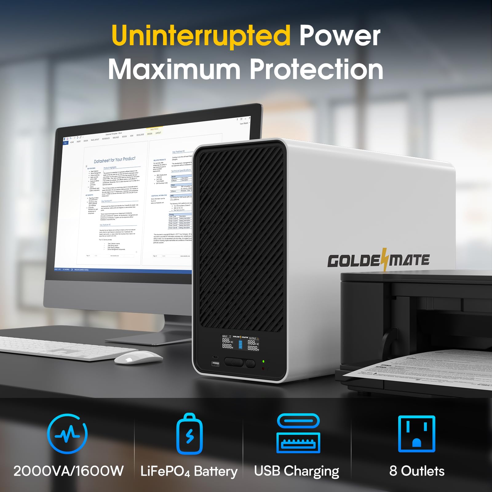 GOLDENMATE 2000 VA/1600 W, protección contra sobretensiones y batería de Litio para UPS, batería de Repuesto con baterías LiFePO4 (460 WH), AVR, Sistema USV Interactivo