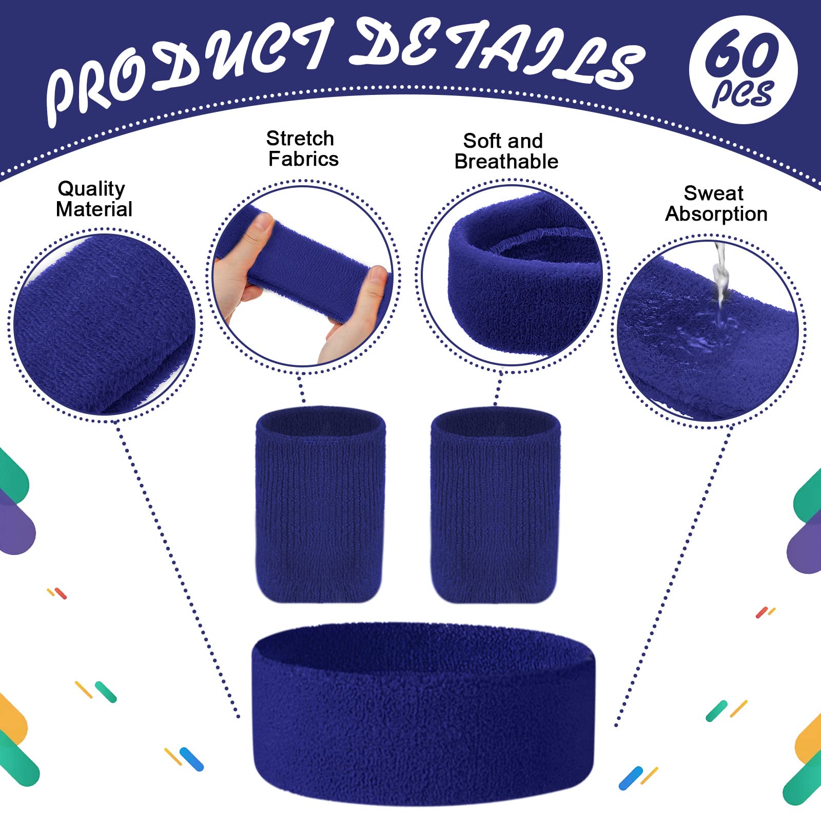 60-teiliges Schweißbänder-Set enthält 20 Stück Sport-Stirnband und 40 Stück Armbänder, Schweißbänder, Bunte Frottee-Armbänder für Training, 80er-Jahre, Schweißband für sportliche Männer und Frauen